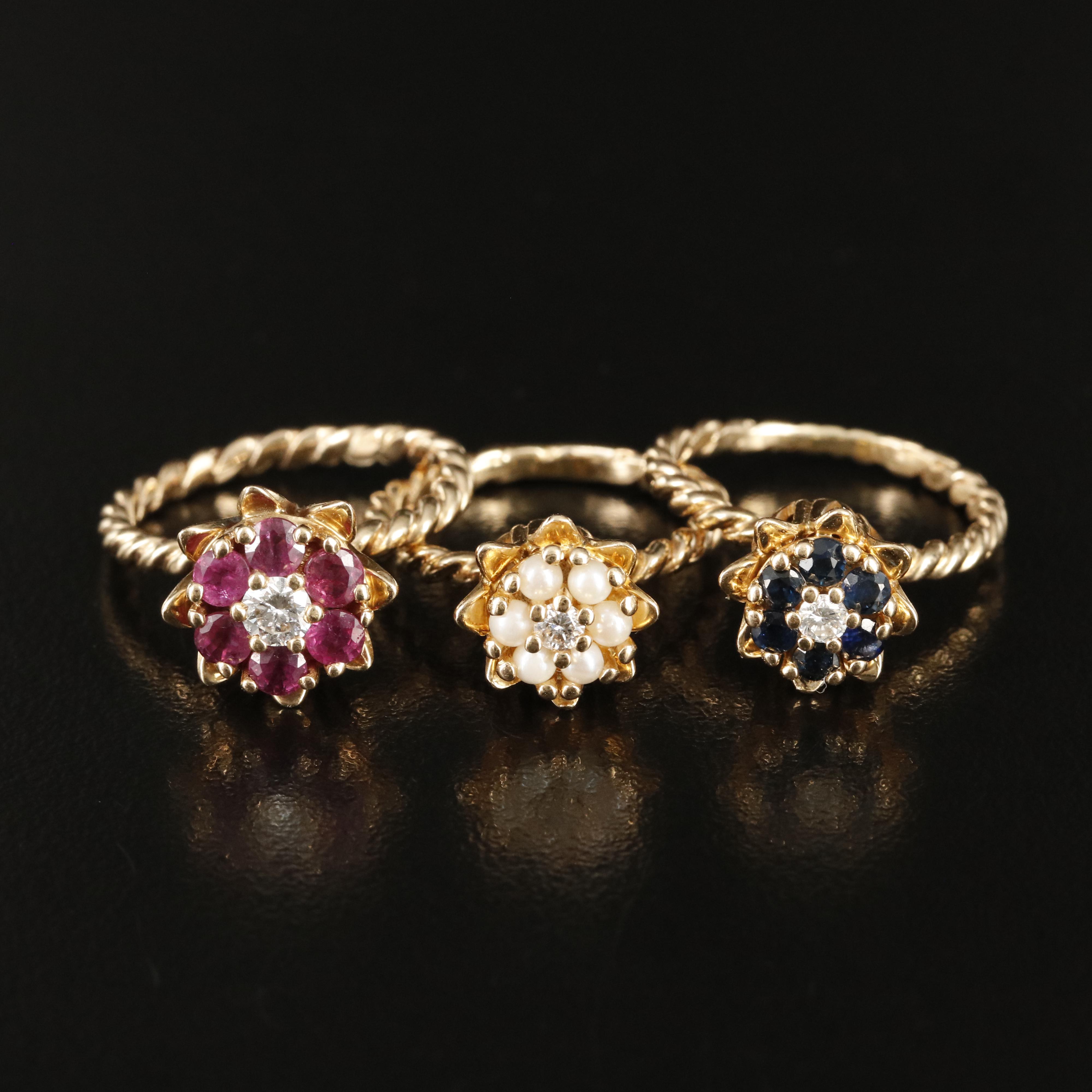 Vintage 14K Diamond, Seed Pearl, Ruby and Sapphire Flower Rings