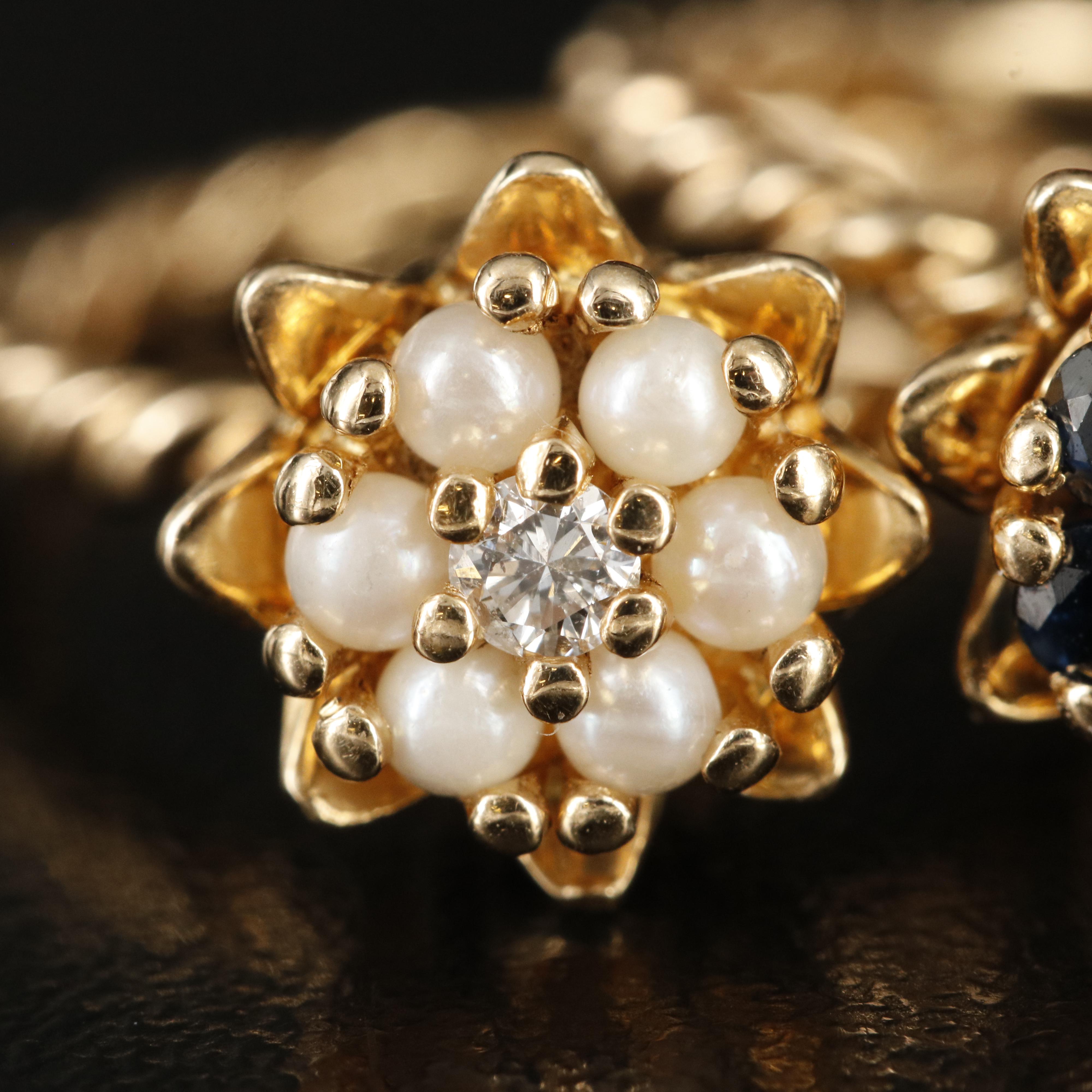 Vintage 14K Diamond, Seed Pearl, Ruby and Sapphire Flower Rings