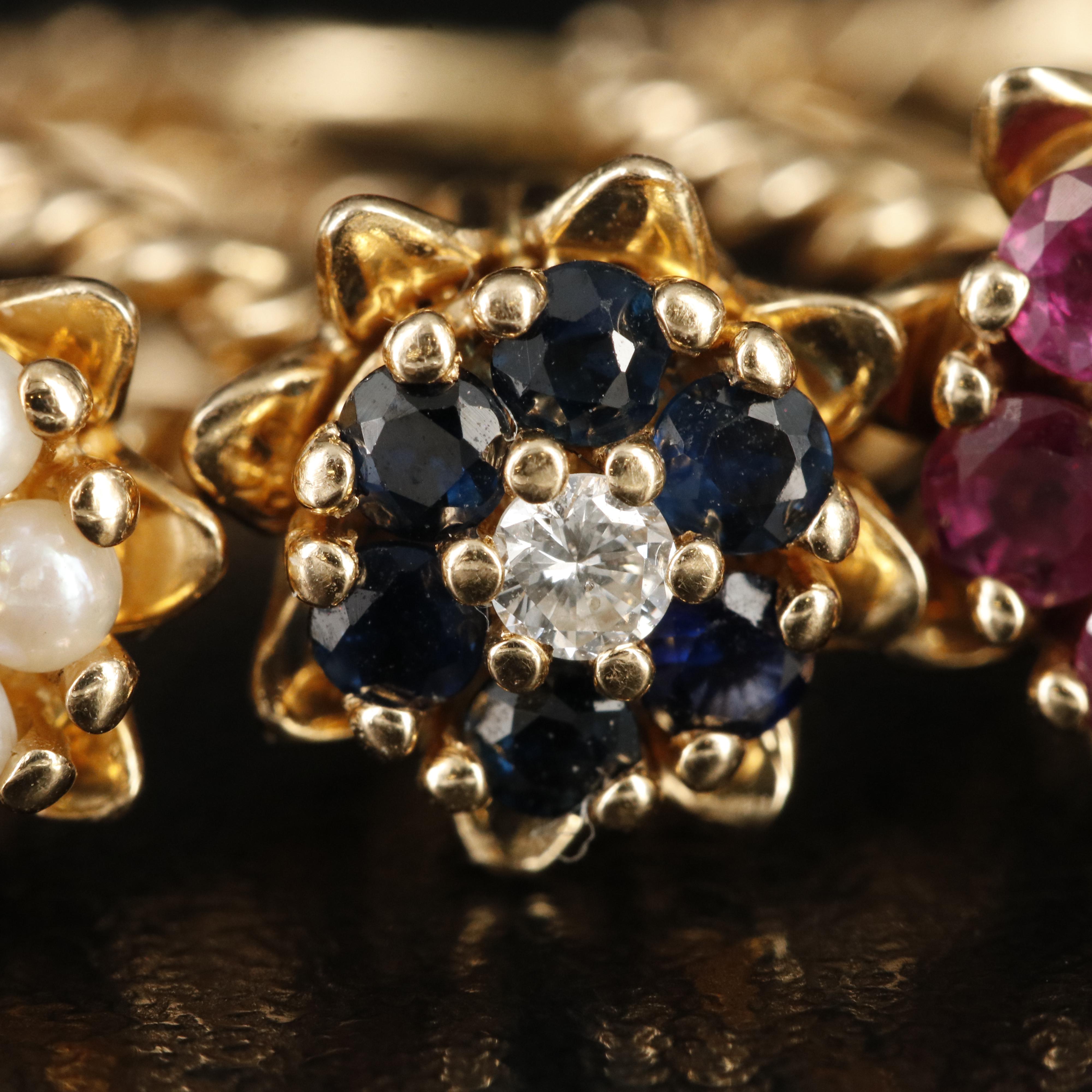 Vintage 14K Diamond, Seed Pearl, Ruby and Sapphire Flower Rings