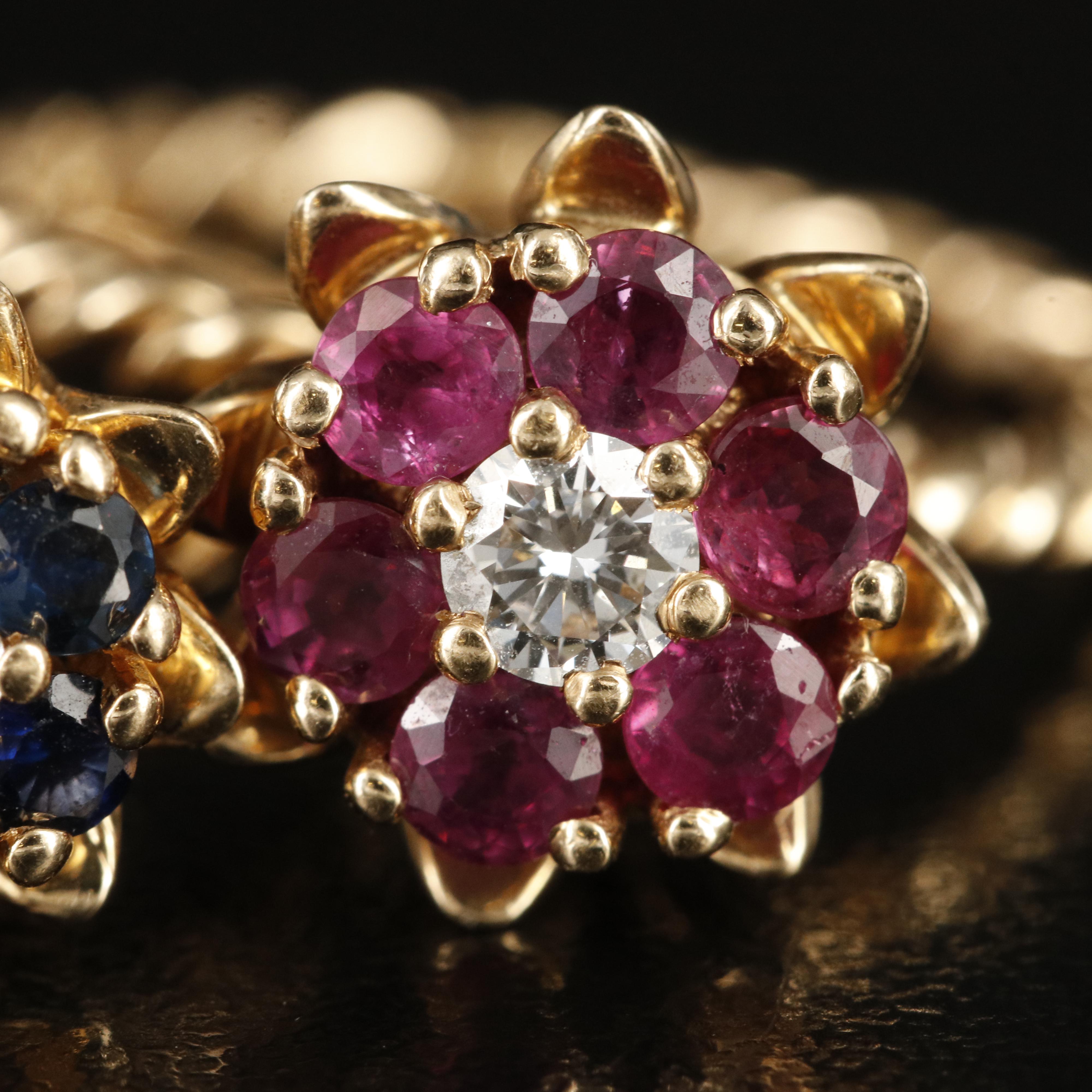 Vintage 14K Diamond, Seed Pearl, Ruby and Sapphire Flower Rings