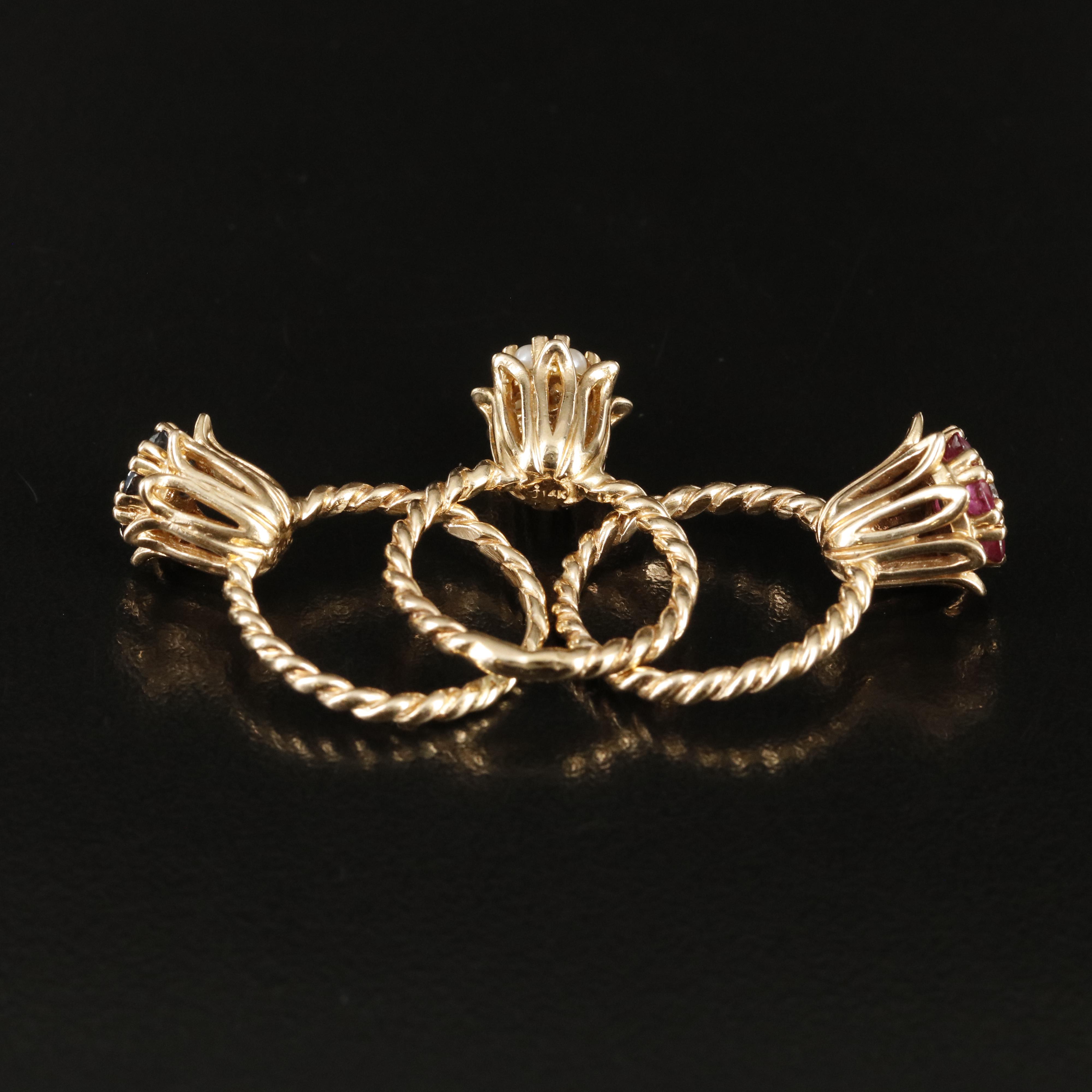 Vintage 14K Diamond, Seed Pearl, Ruby and Sapphire Flower Rings
