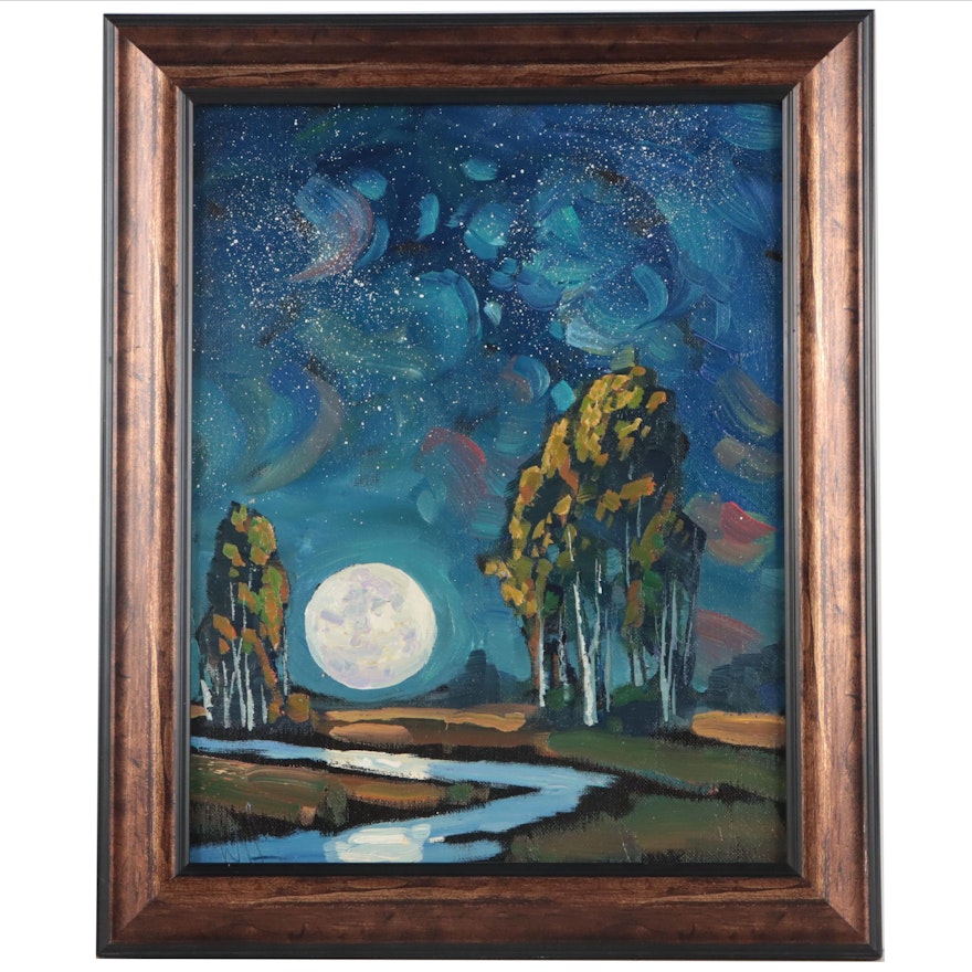 William Hawkins Landscape Oil Painting of Moonrise, 21st Century