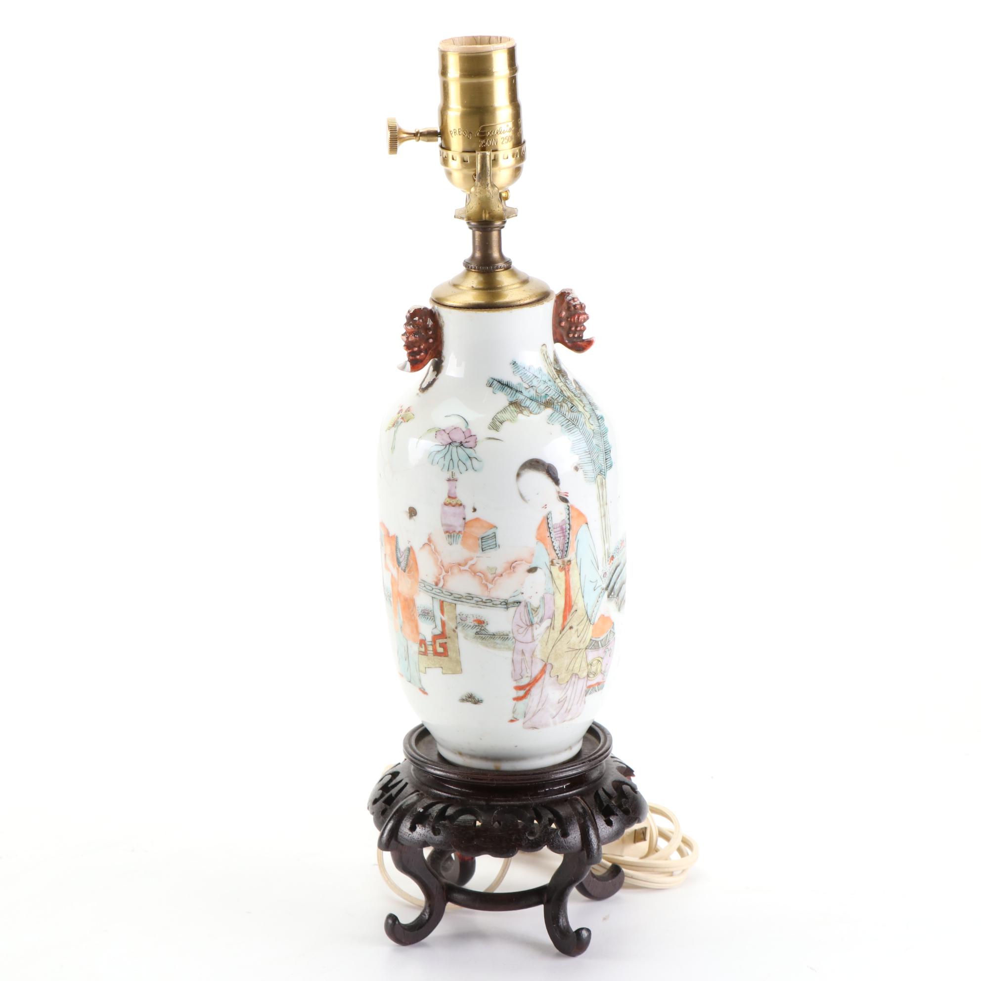 Chinese Hand-Painted Porcelain Poem Vase and Teapot Lamps