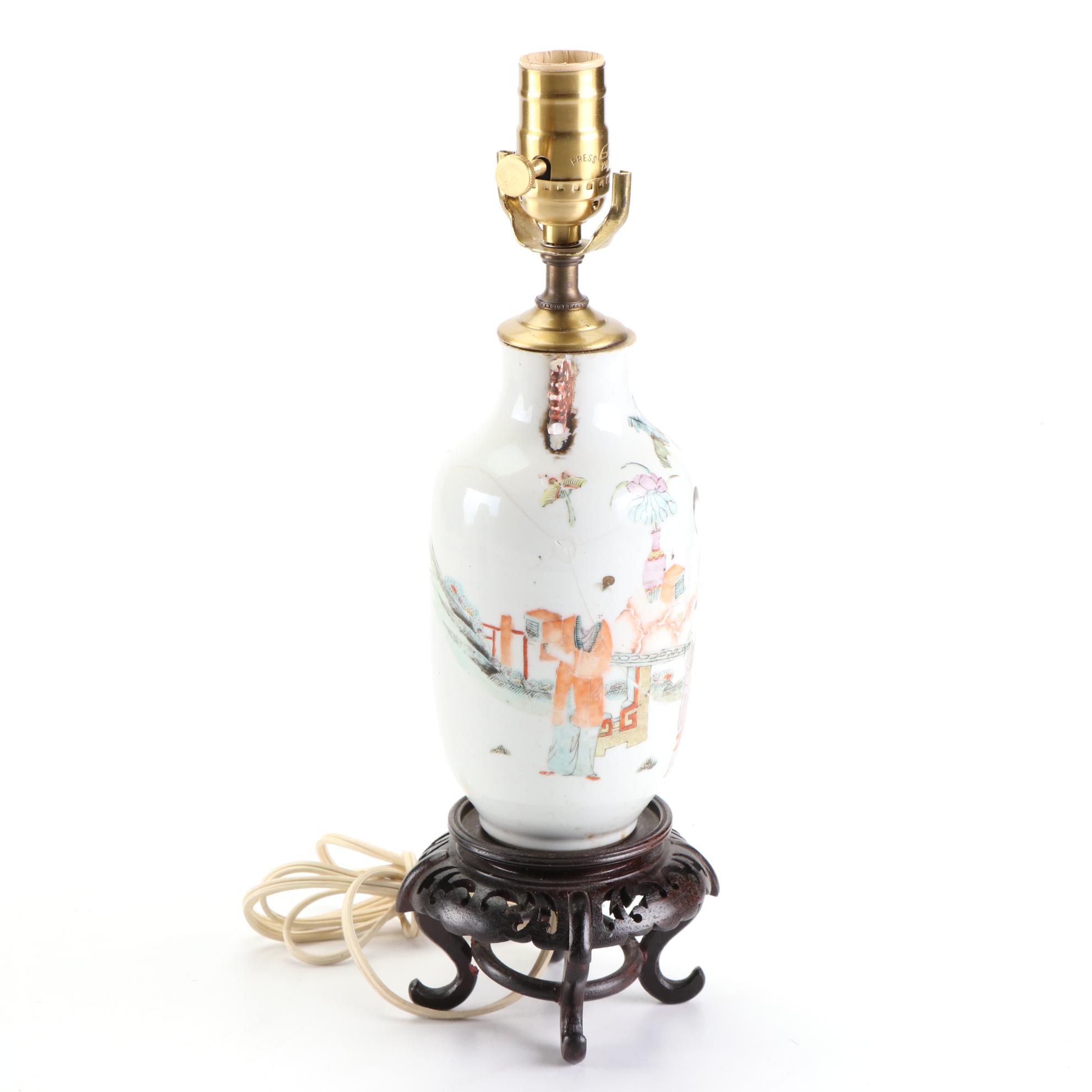 Chinese Hand-Painted Porcelain Poem Vase and Teapot Lamps