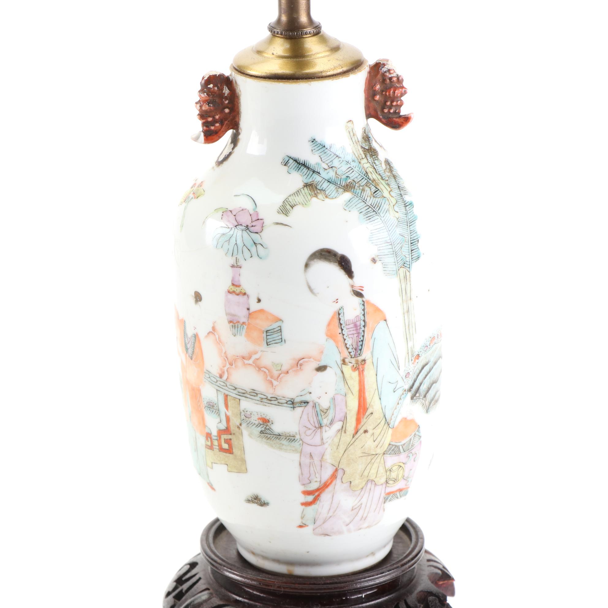 Chinese Hand-Painted Porcelain Poem Vase and Teapot Lamps