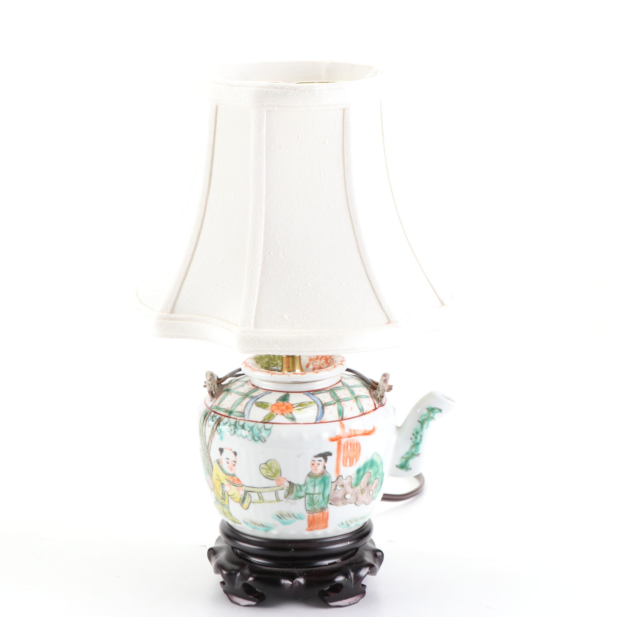 Chinese Hand-Painted Porcelain Poem Vase and Teapot Lamps
