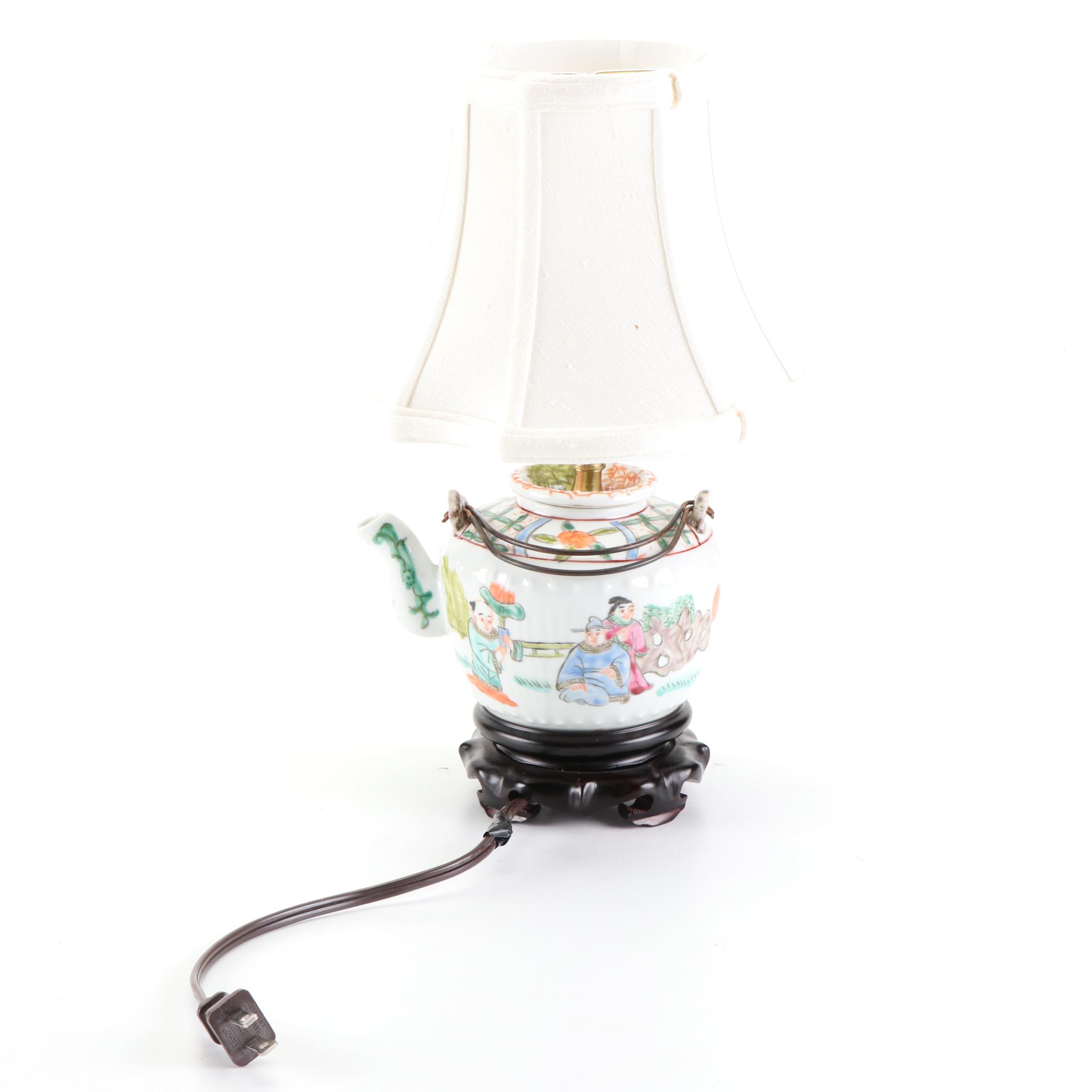 Chinese Hand-Painted Porcelain Poem Vase and Teapot Lamps