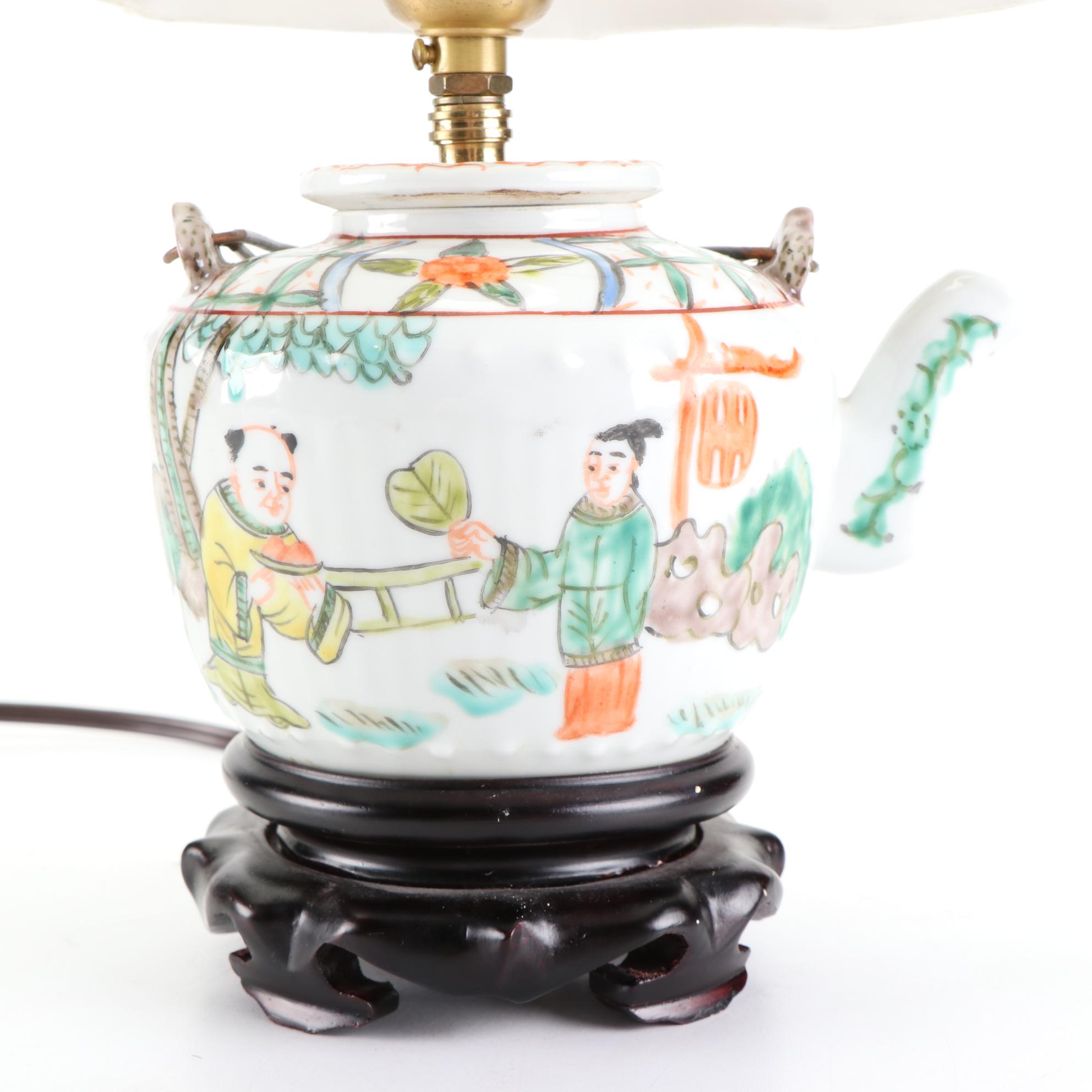 Chinese Hand-Painted Porcelain Poem Vase and Teapot Lamps
