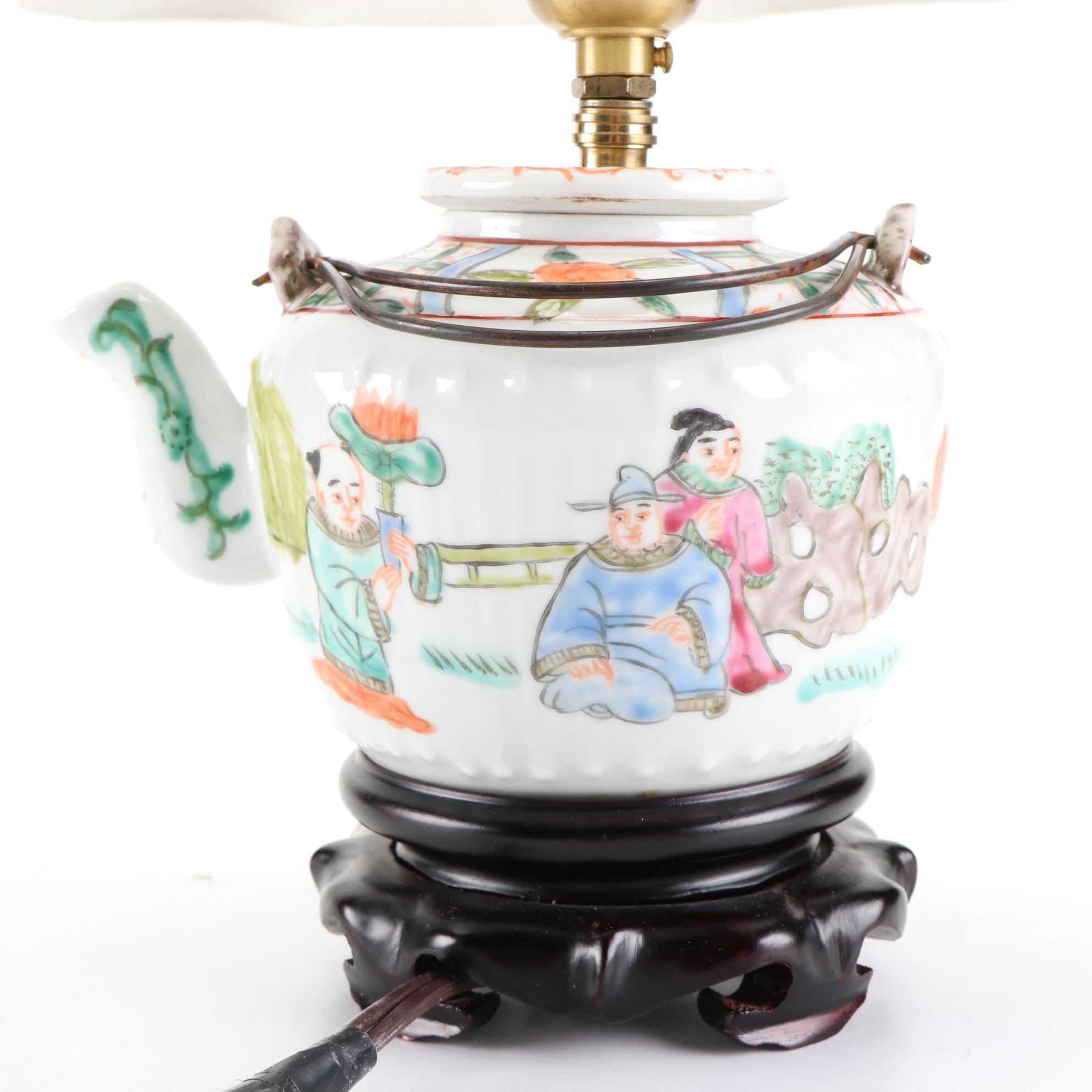 Chinese Hand-Painted Porcelain Poem Vase and Teapot Lamps
