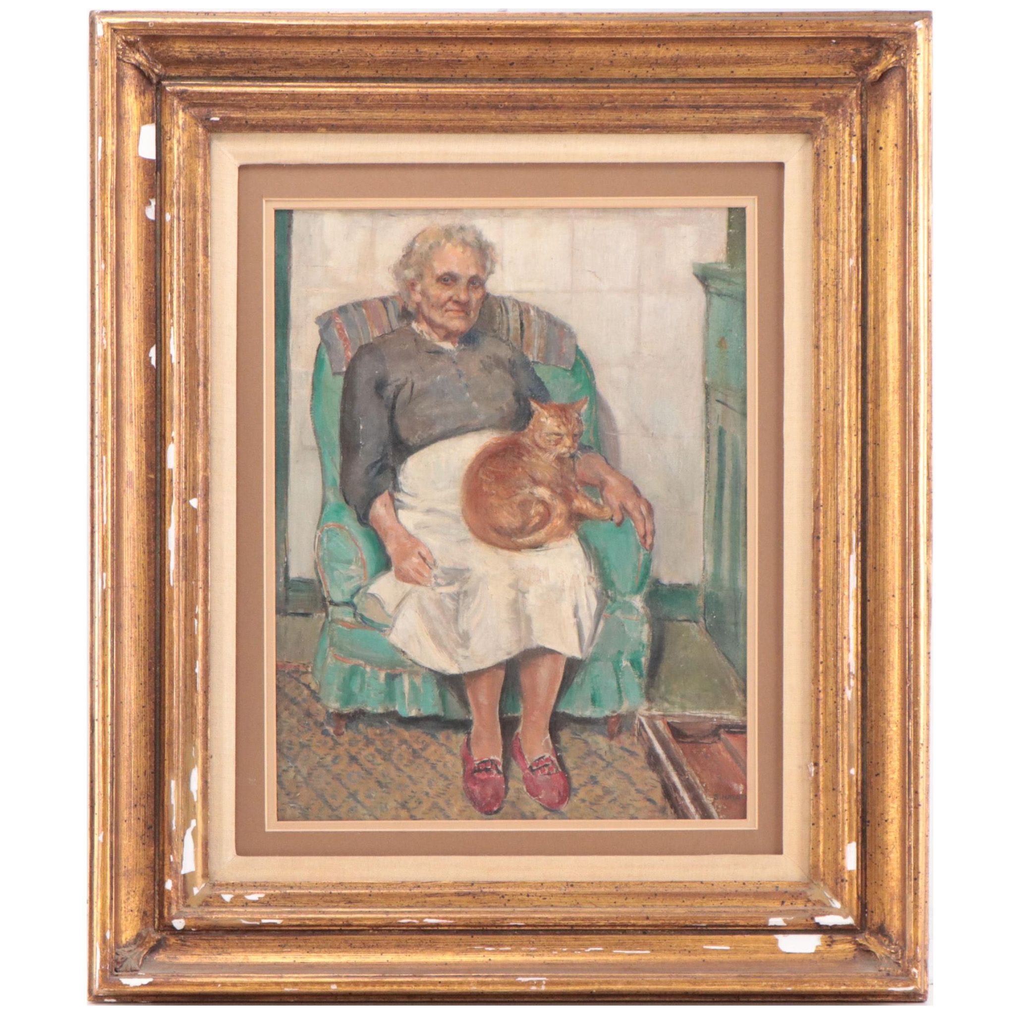 Portrait Oil Painting of Seated Woman With Cat