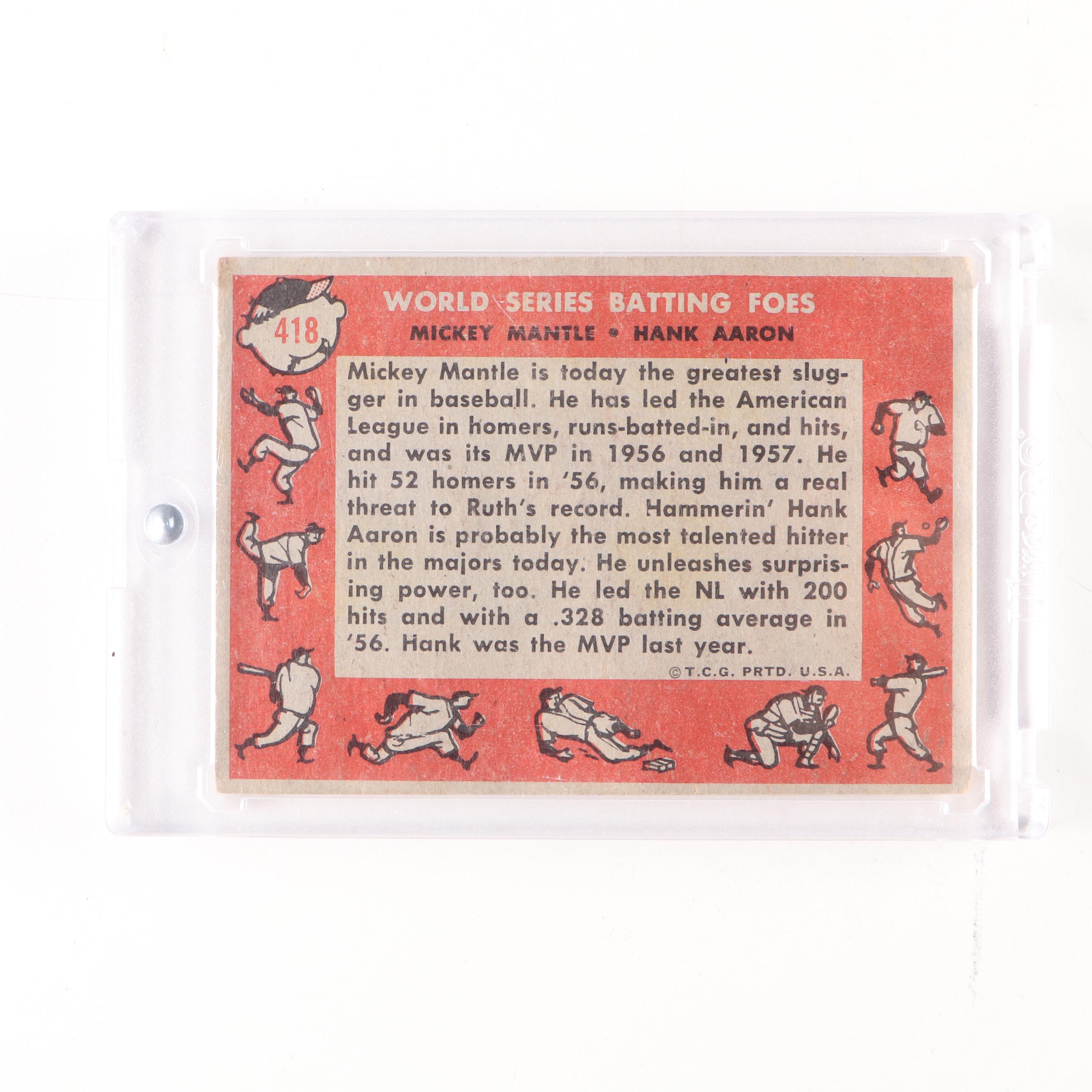 1958 Topps Mickey Mantle and Hank Aaron World Series Batting Foes Card #418