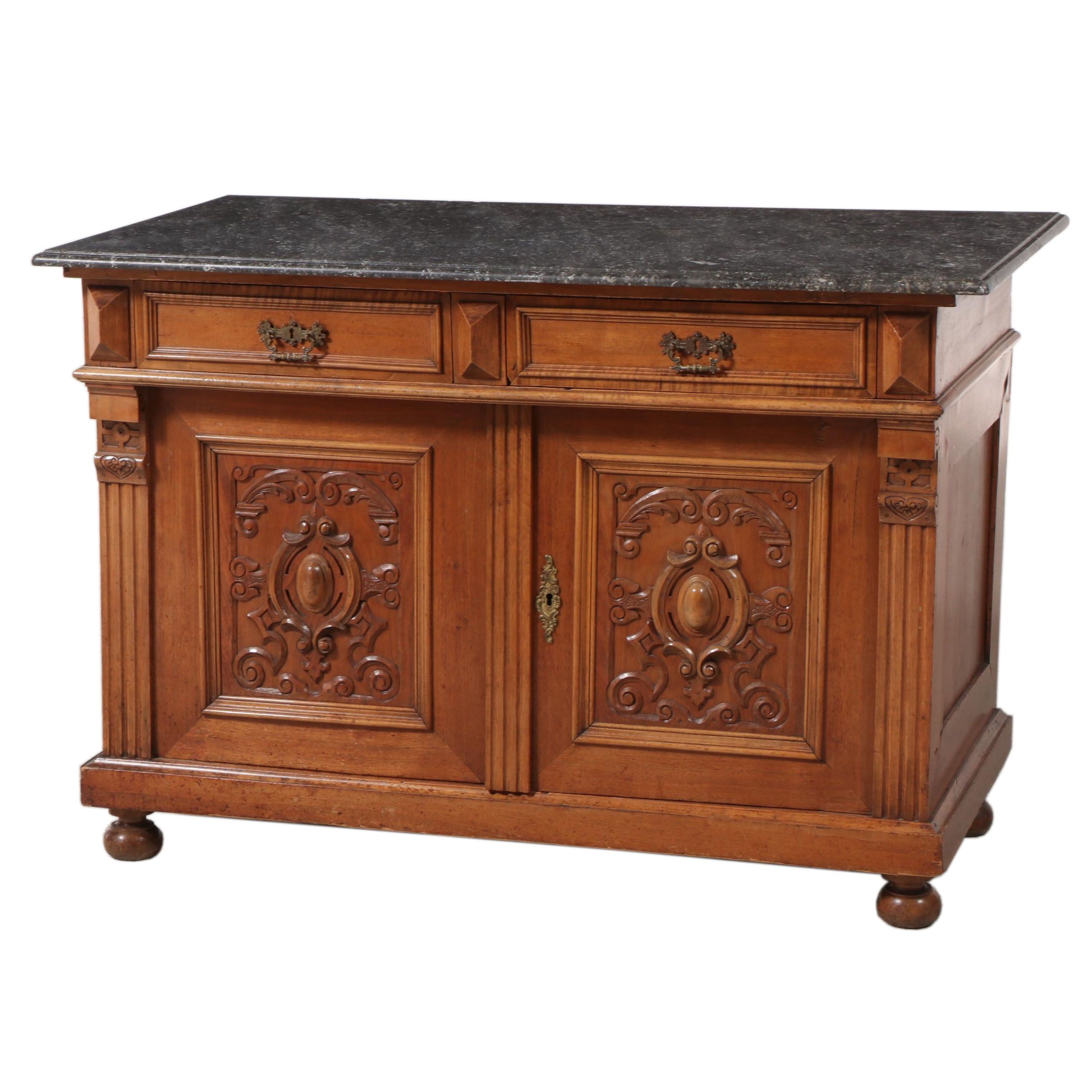 Renaissance Revival Carved Walnut and Marble Top Buffet, Late 19th Century