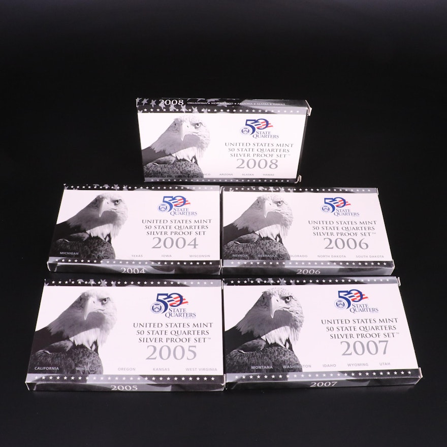 Five Different Silver Proof Statehood Quarters Sets, 2004–2008