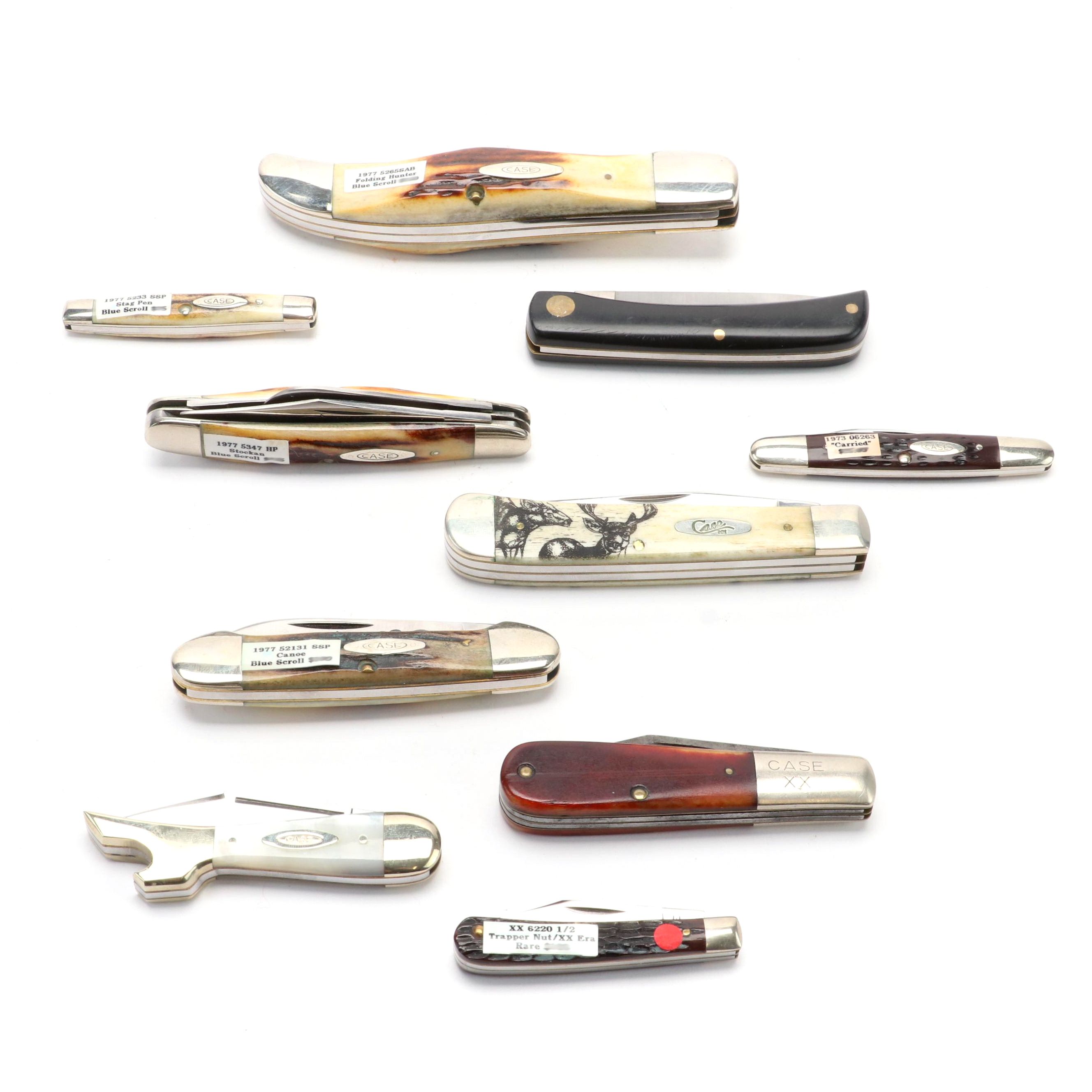 Collection of Ten Case® Folding Knives Including Blue Scroll Hunter