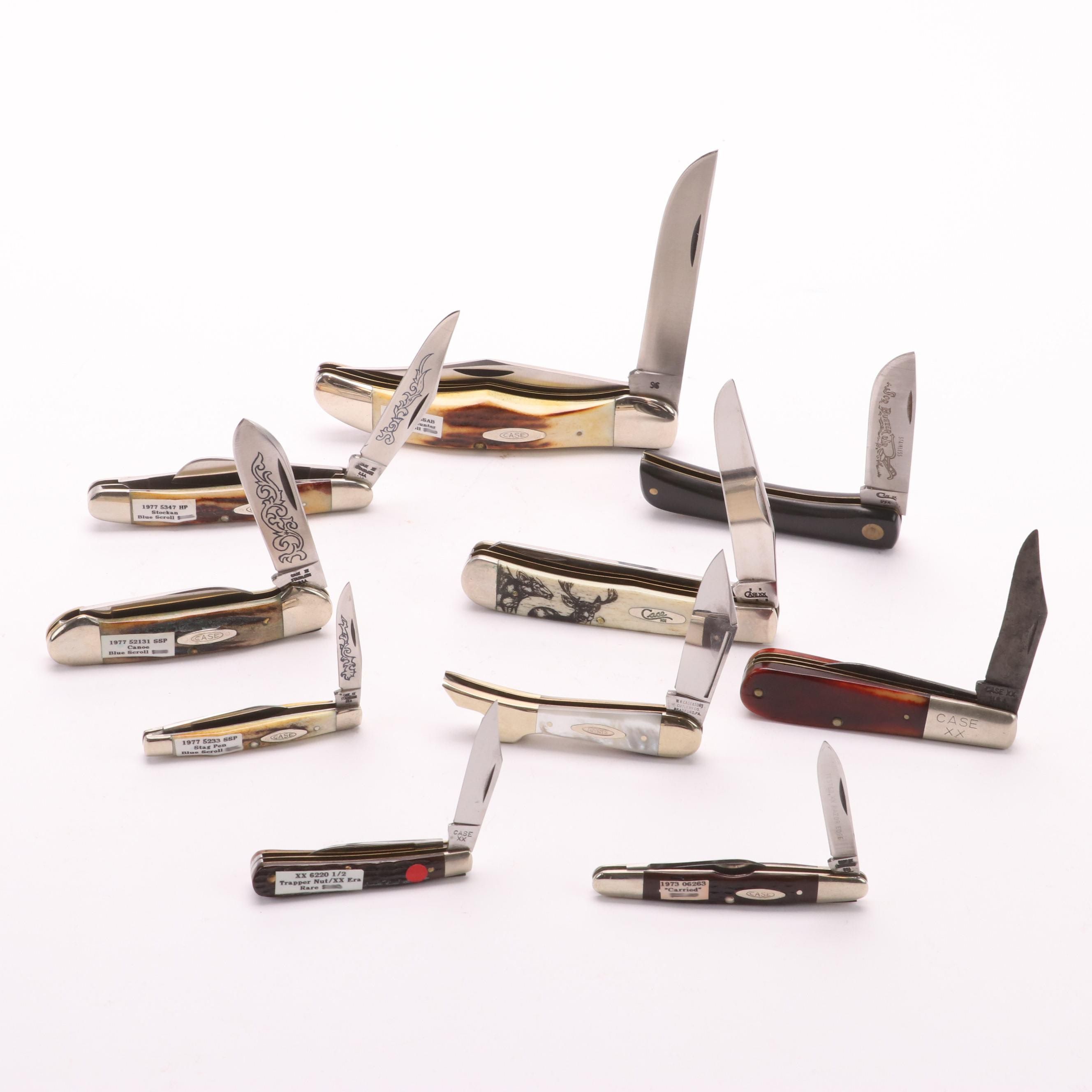Collection of Ten Case® Folding Knives Including Blue Scroll Hunter