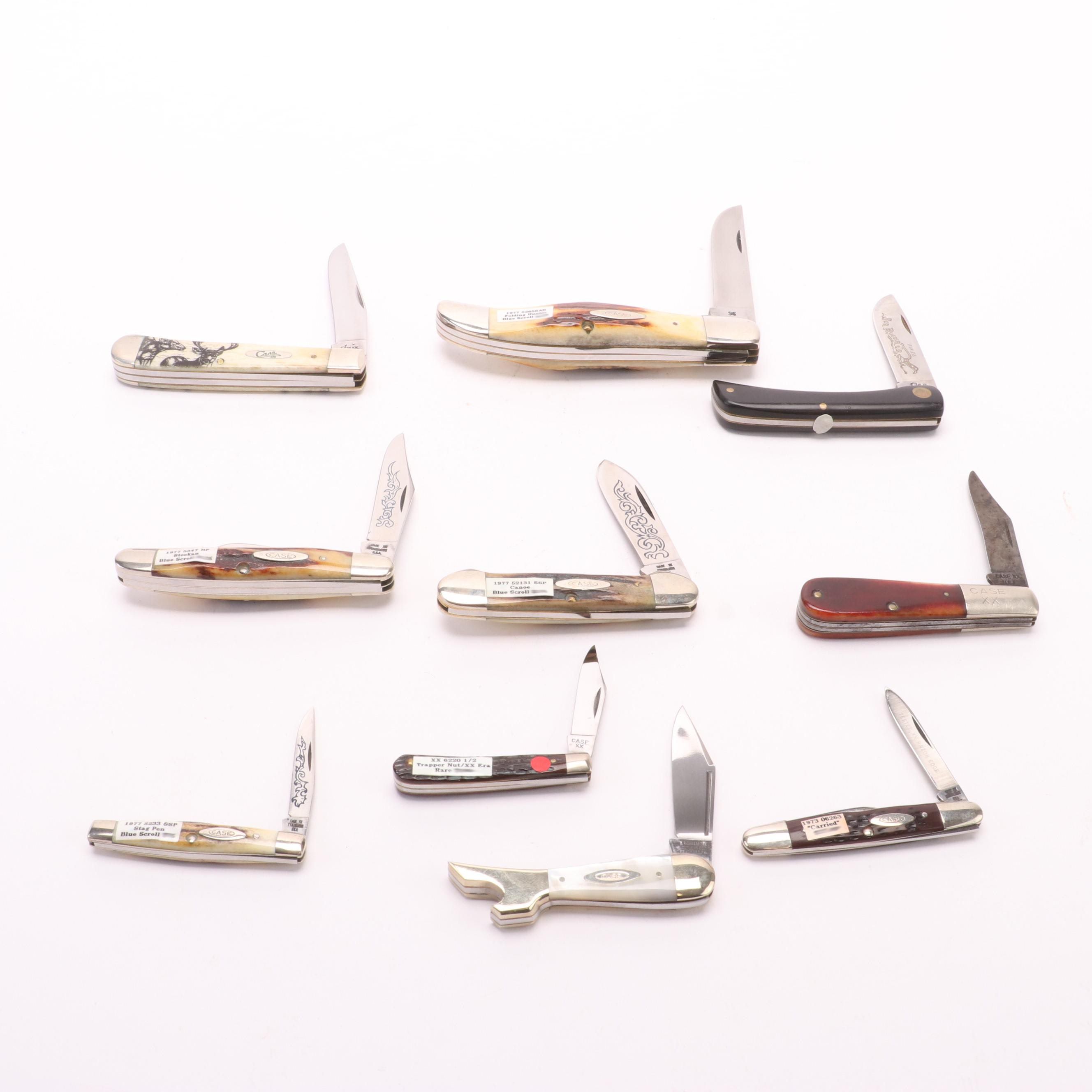 Collection of Ten Case® Folding Knives Including Blue Scroll Hunter