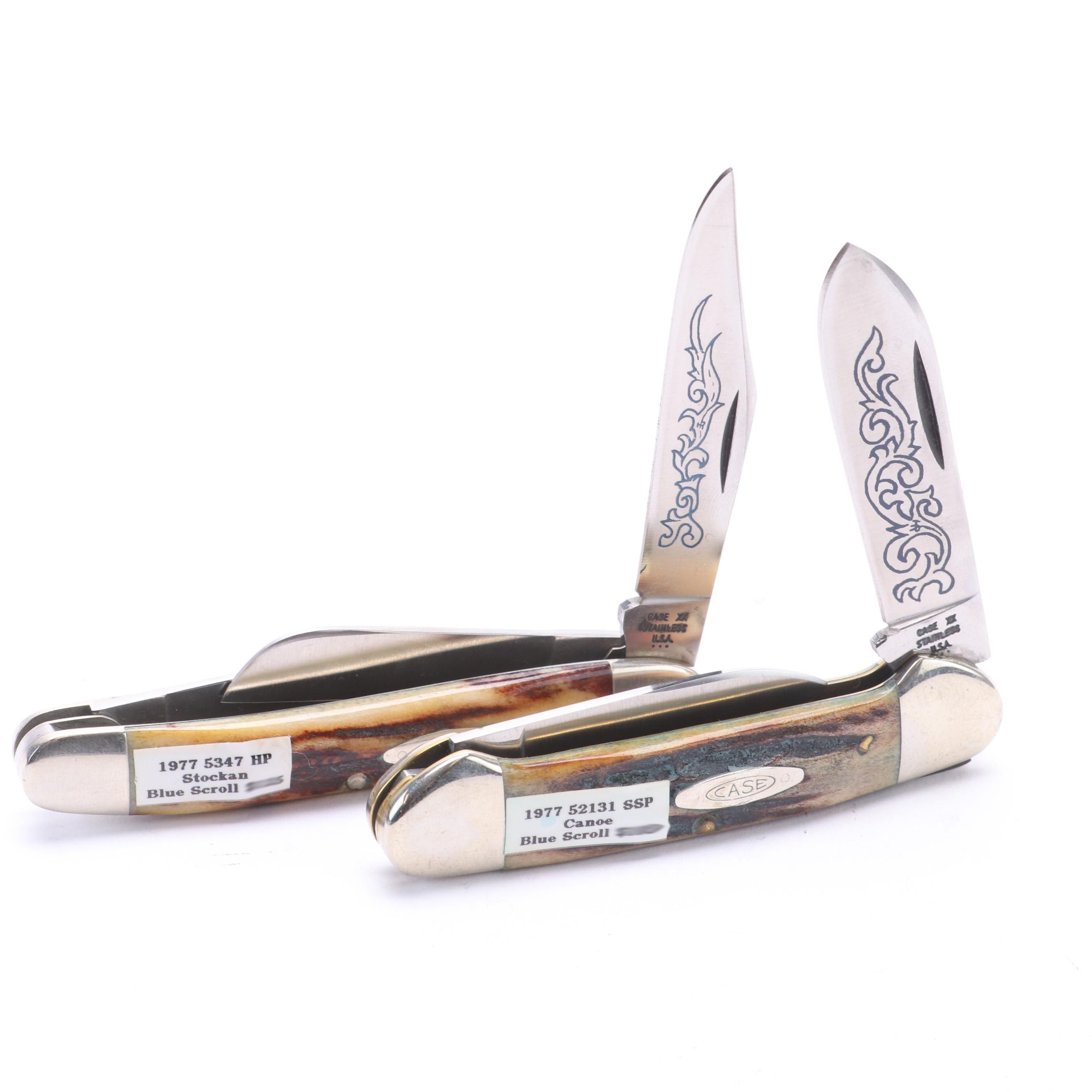 Collection of Ten Case® Folding Knives Including Blue Scroll Hunter