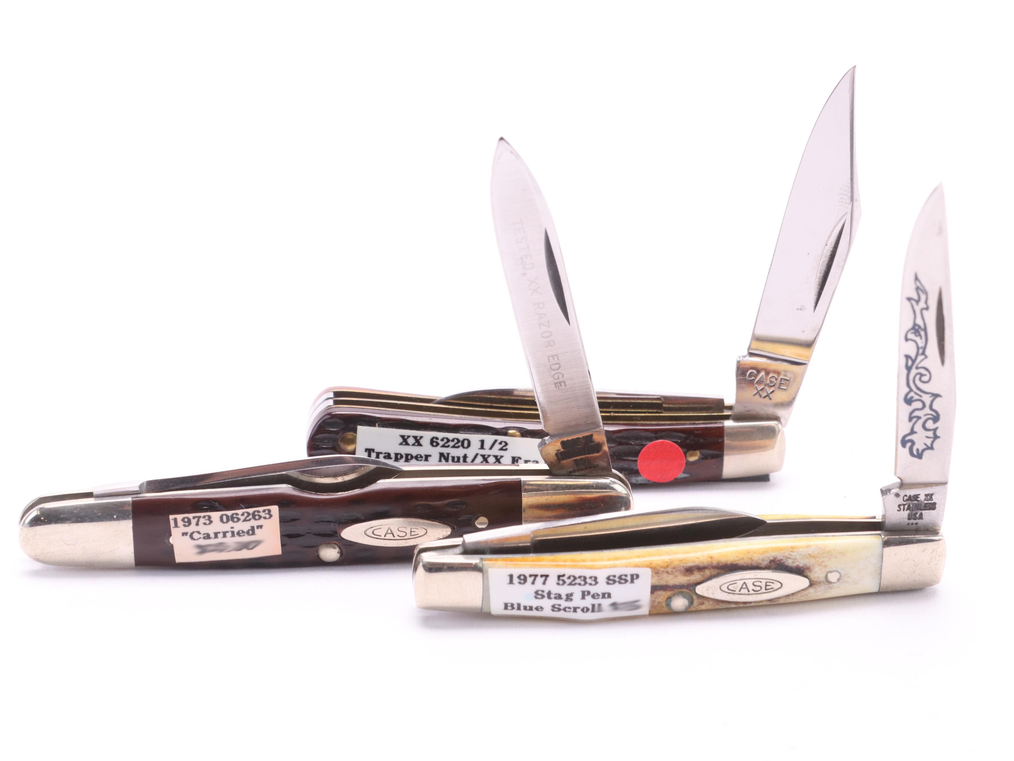 Collection of Ten Case® Folding Knives Including Blue Scroll Hunter