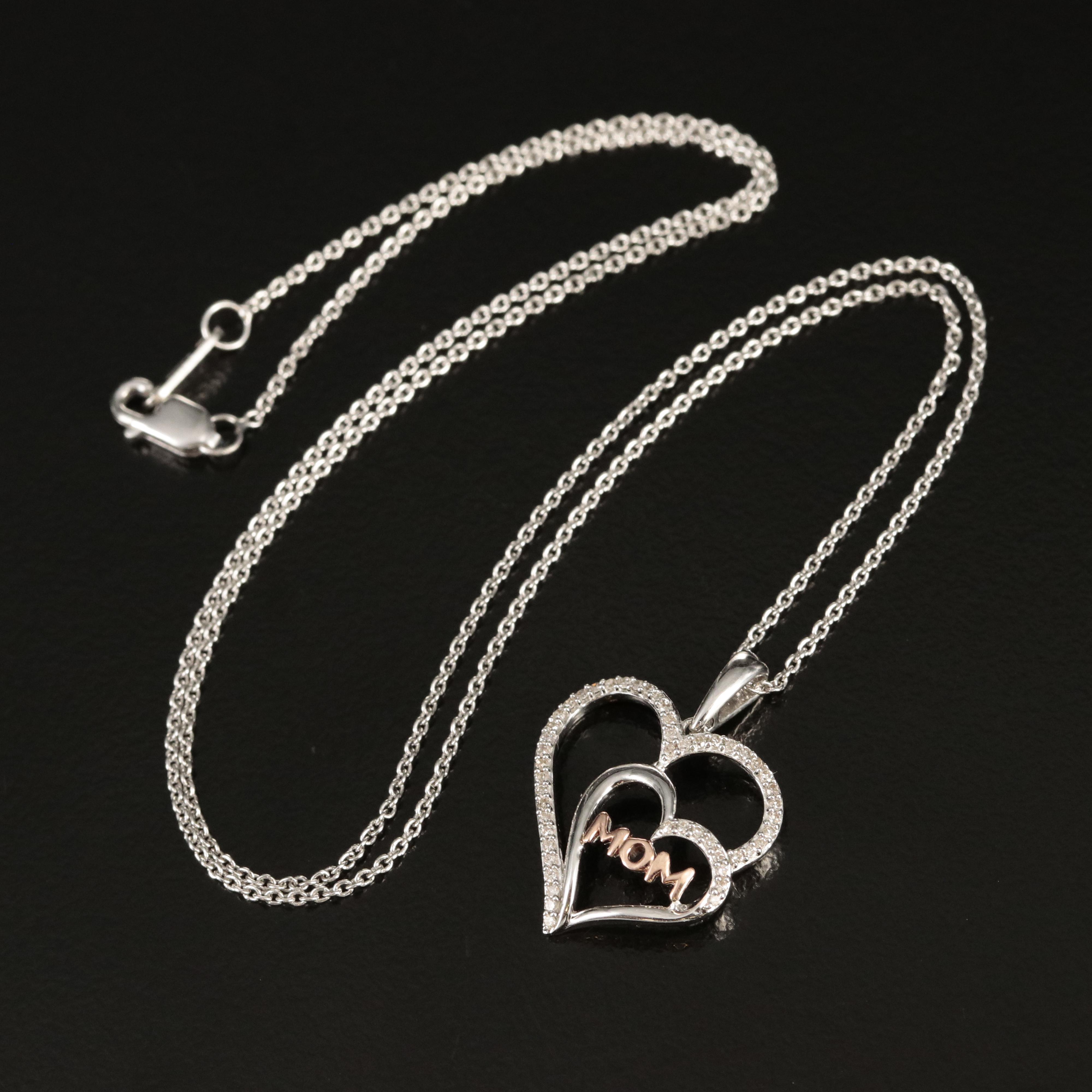 Hallmark Sterling Diamond "Mom" Heart Necklace with 10K Rose Gold Accents