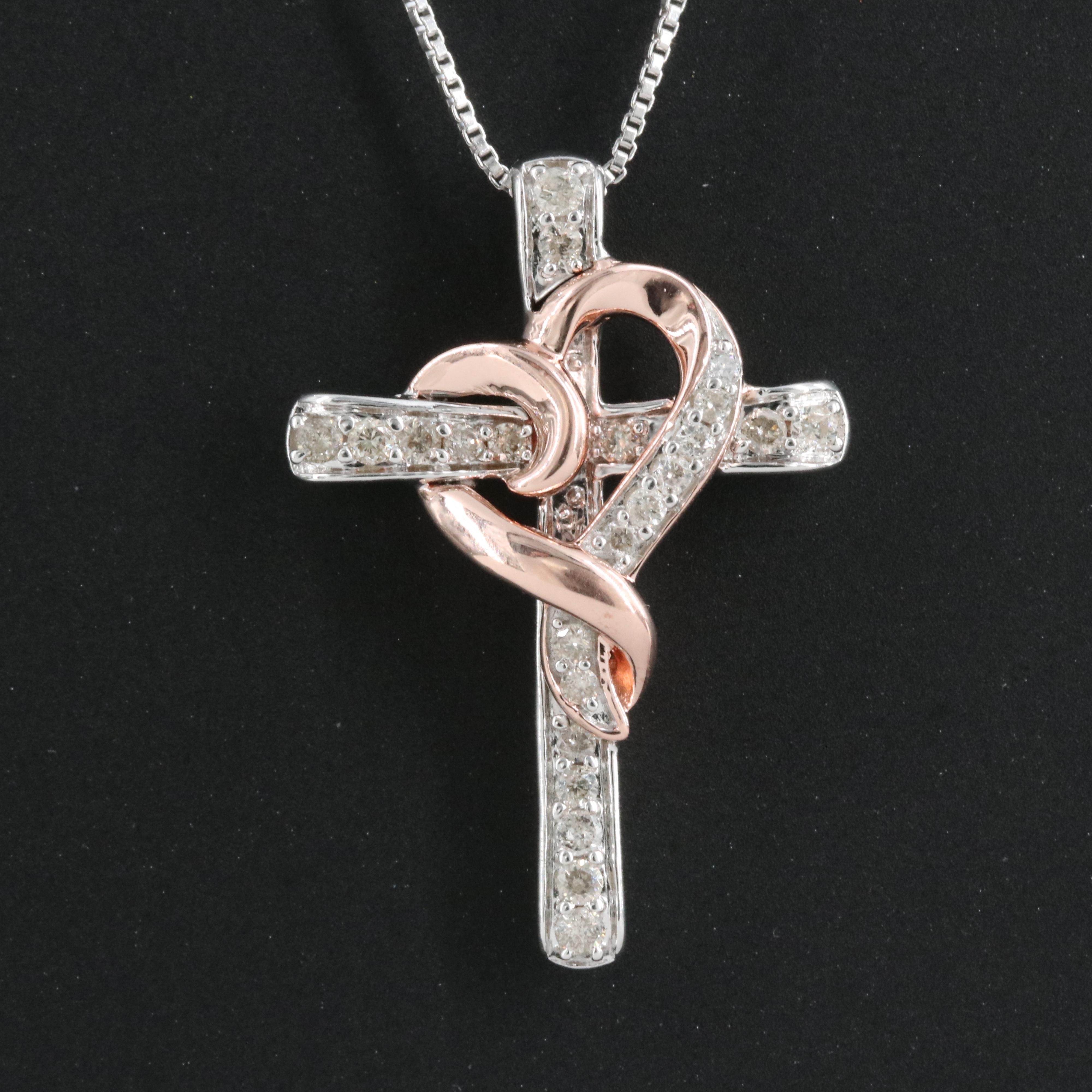 Sterling Diamond Cross with Heart Pendant Necklace