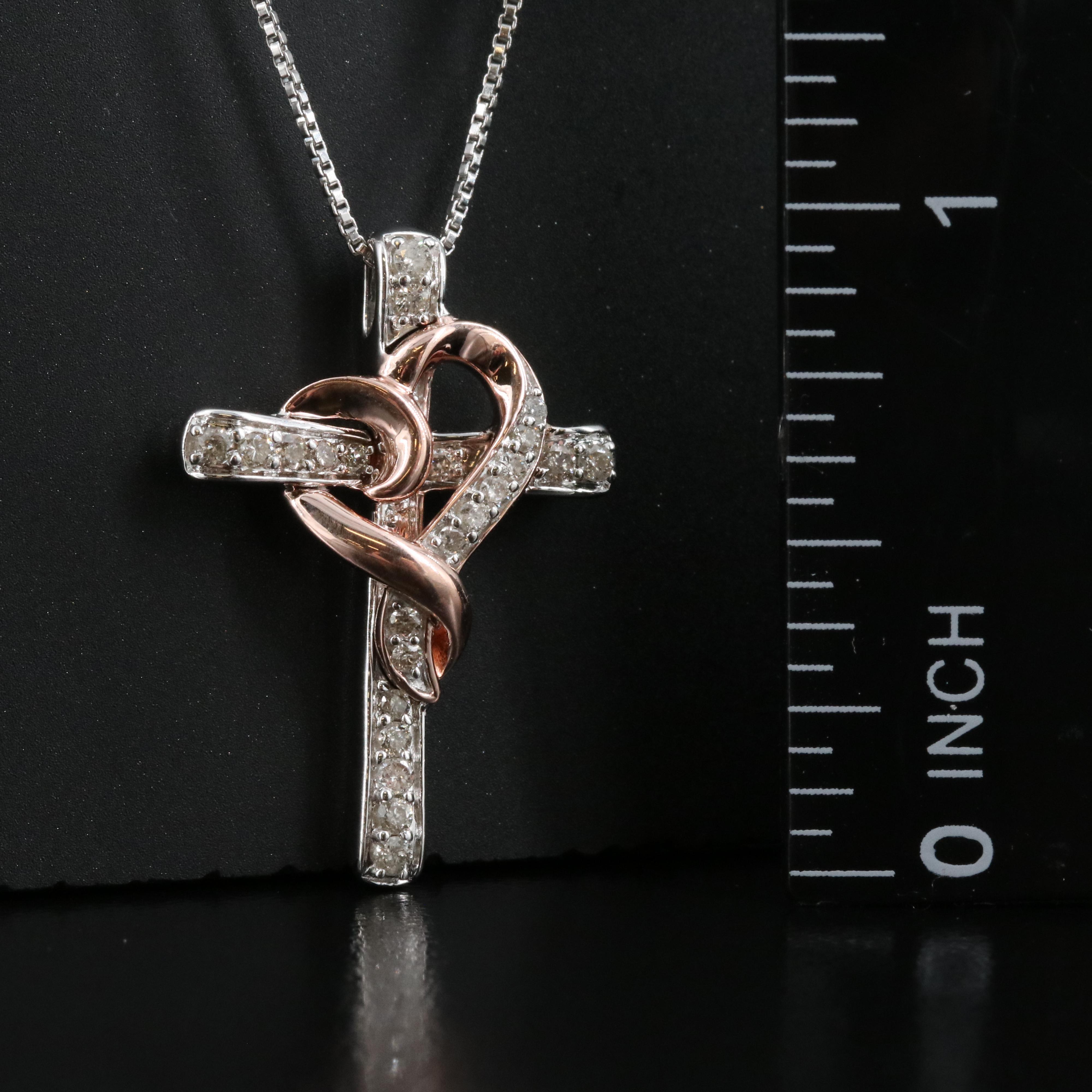 Sterling Diamond Cross with Heart Pendant Necklace