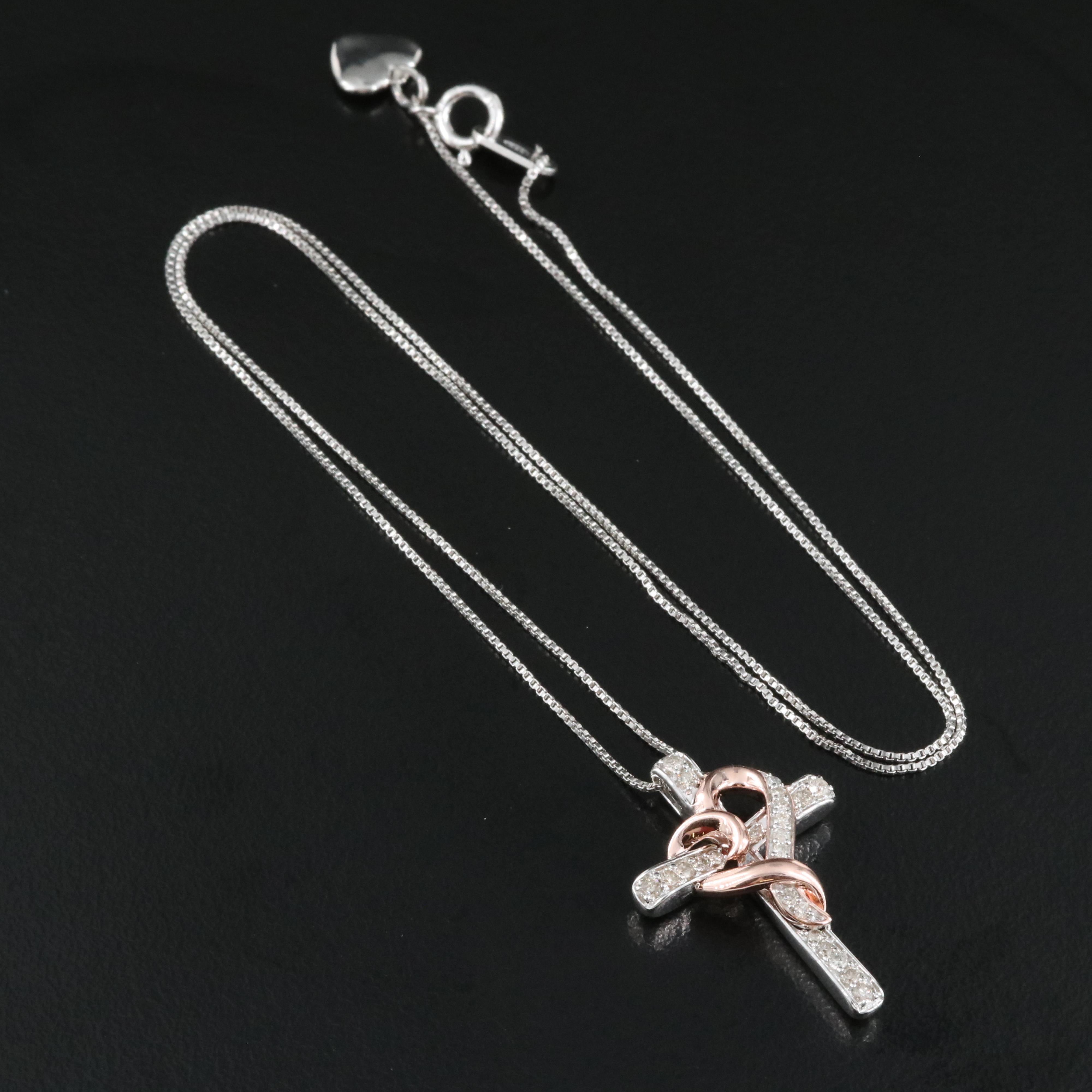 Sterling Diamond Cross with Heart Pendant Necklace