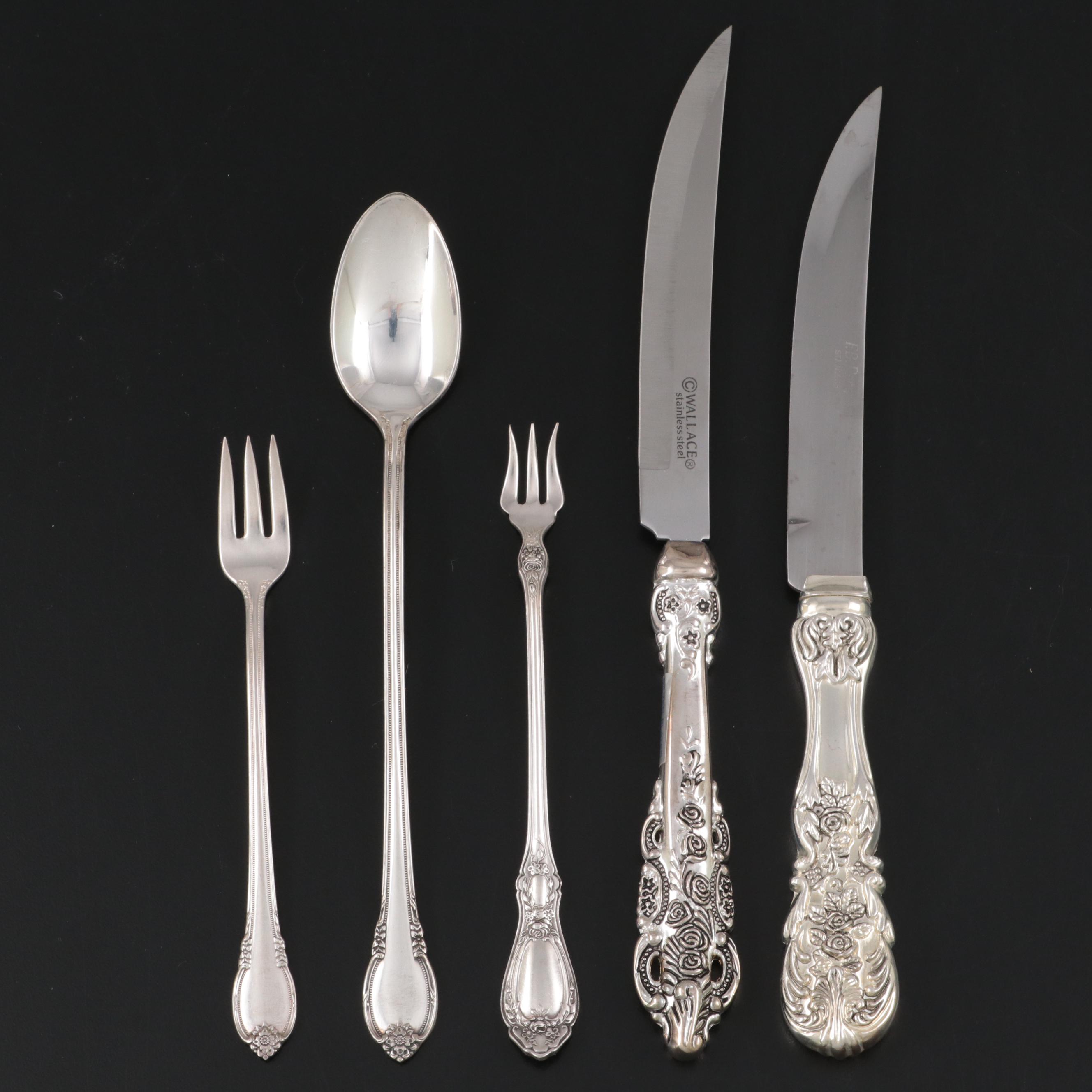 Ambassador Sterling Silver Handle Tongs and Other Silver Plated Flateware