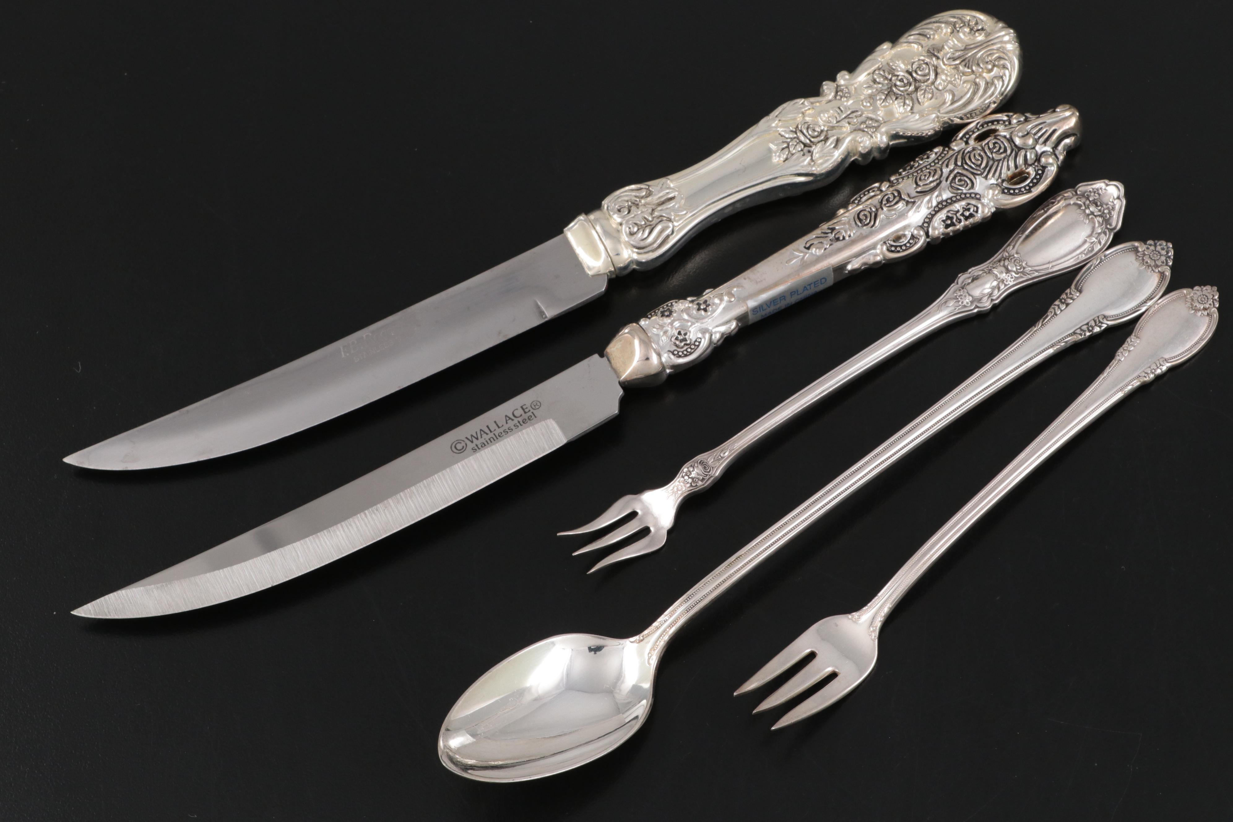 Ambassador Sterling Silver Handle Tongs and Other Silver Plated Flateware