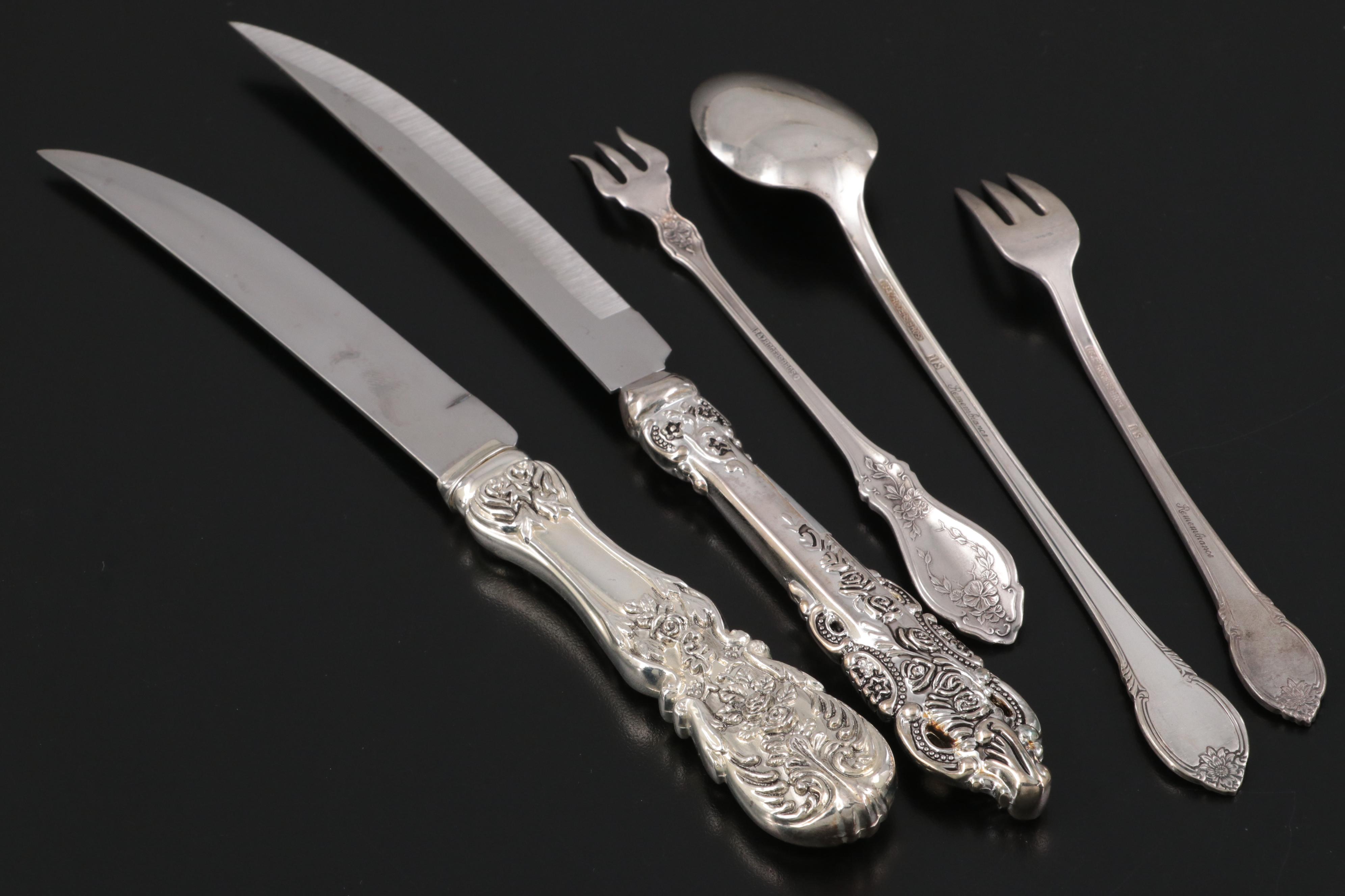 Ambassador Sterling Silver Handle Tongs and Other Silver Plated Flateware