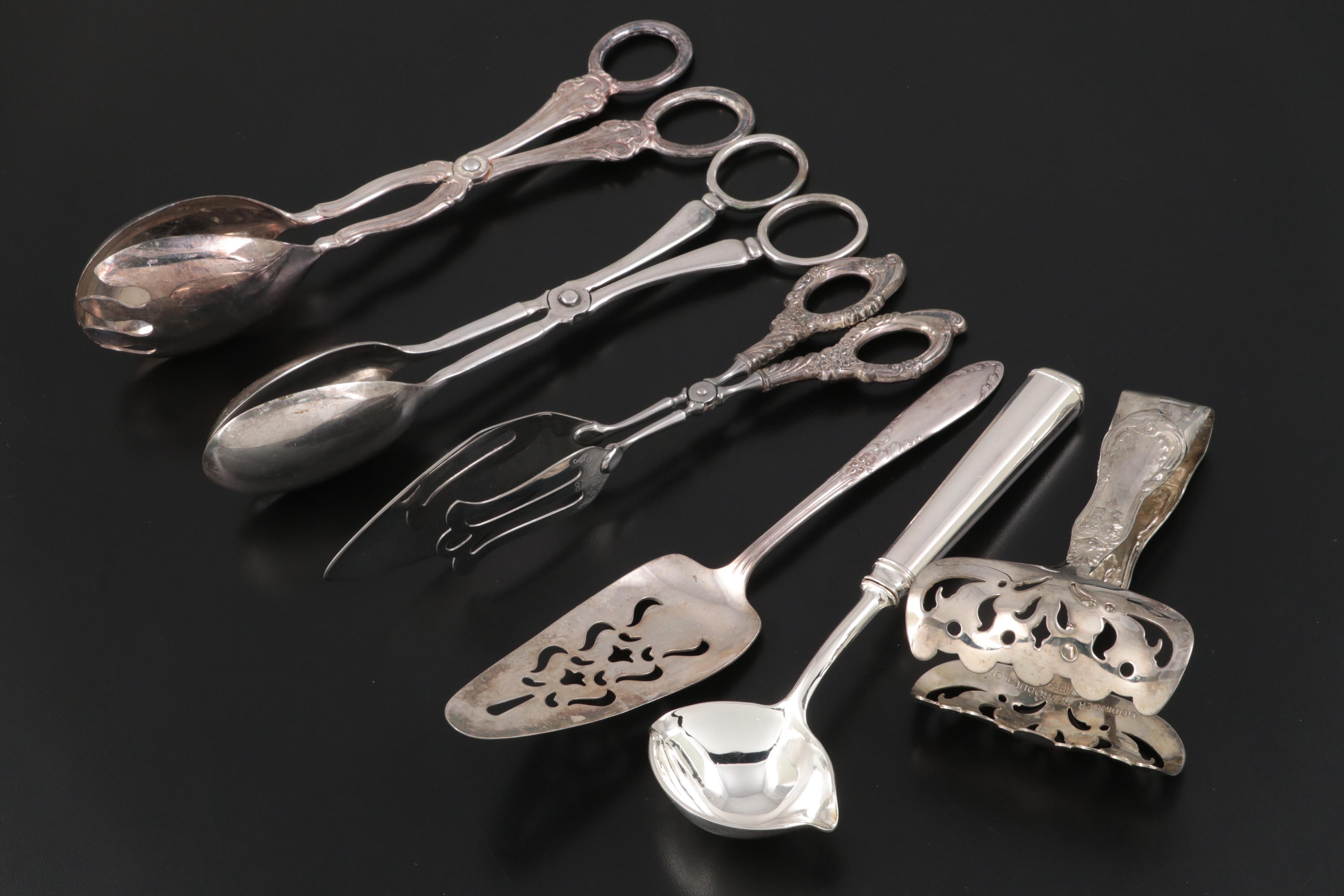 Ambassador Sterling Silver Handle Tongs and Other Silver Plated Flateware