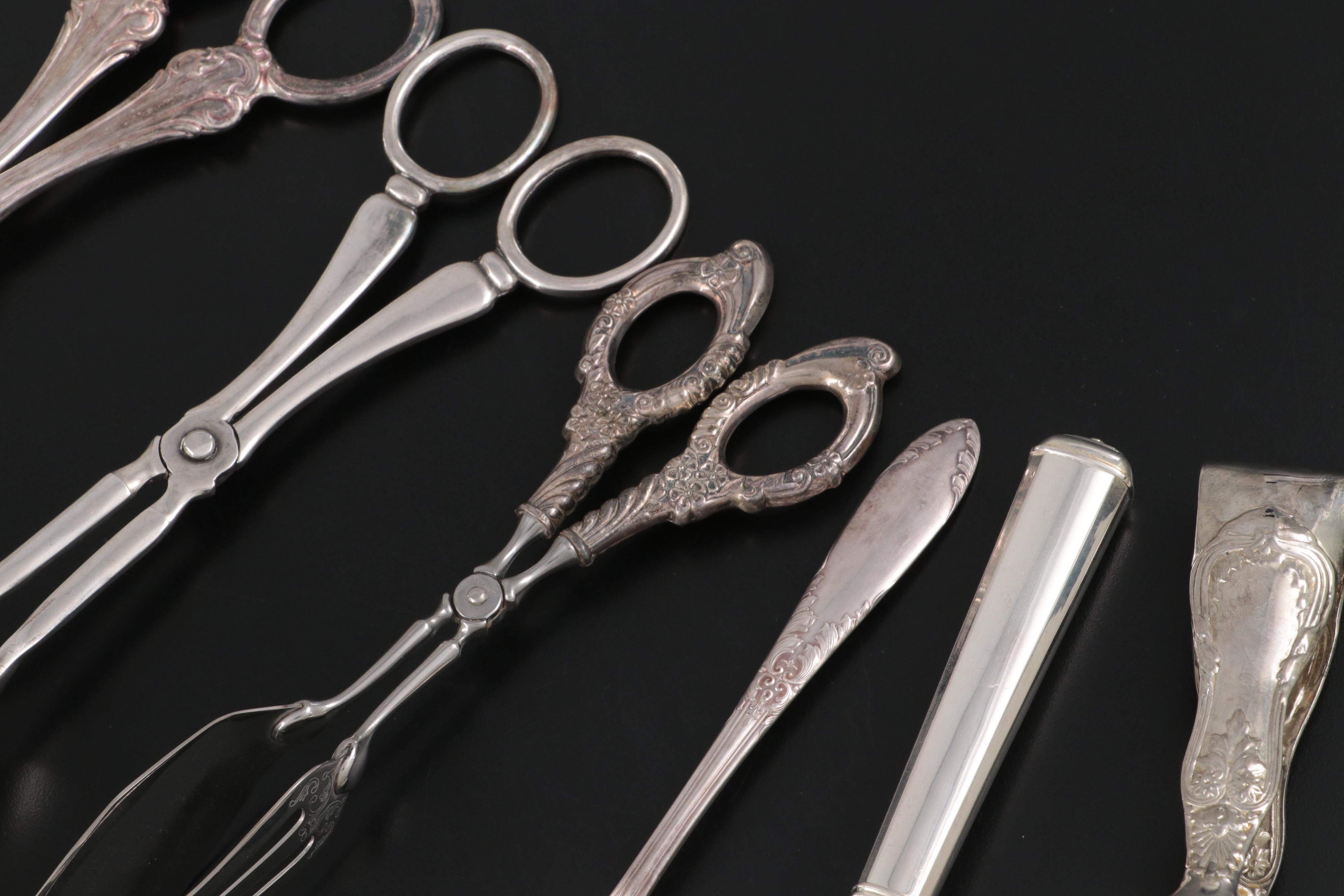 Ambassador Sterling Silver Handle Tongs and Other Silver Plated Flateware