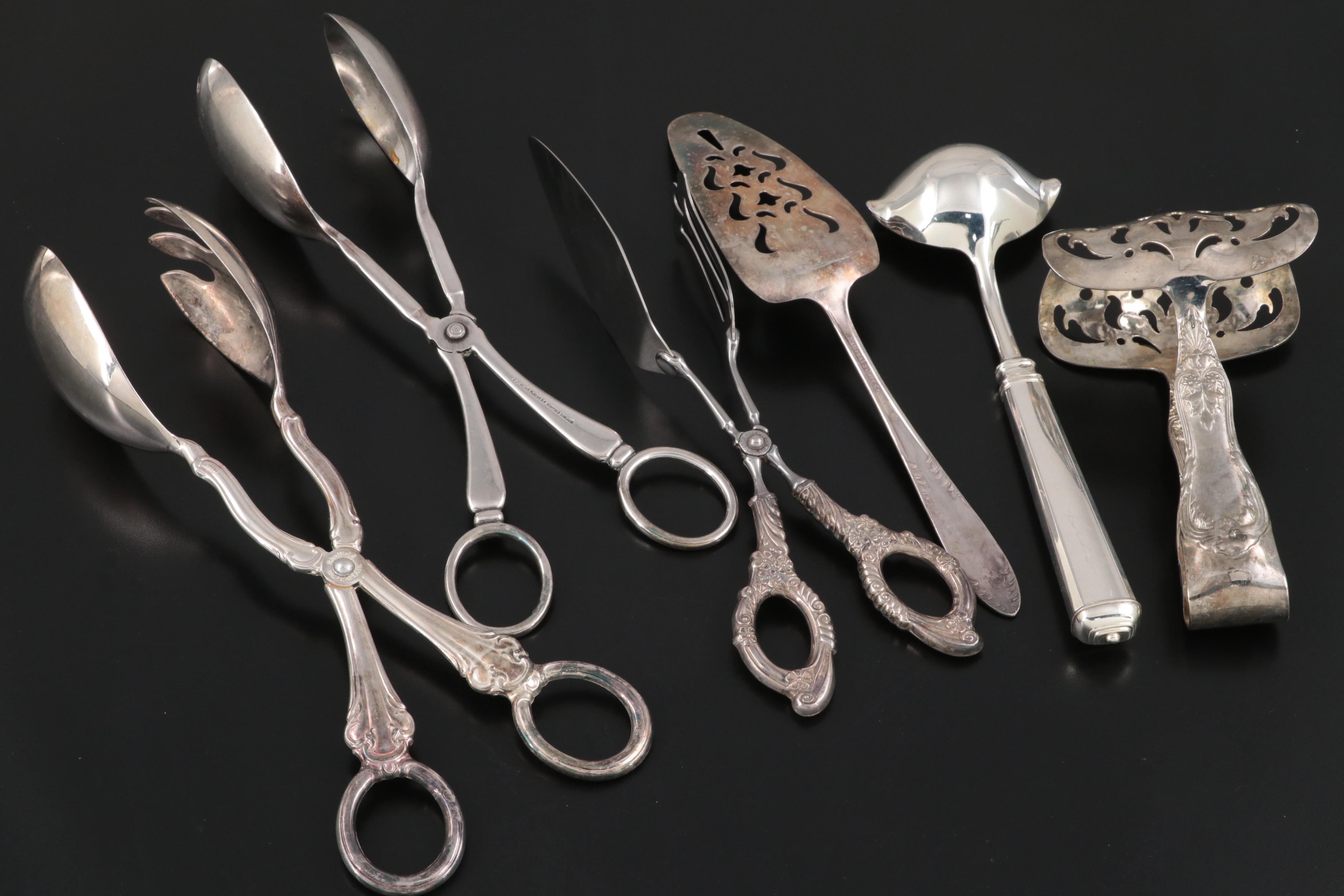 Ambassador Sterling Silver Handle Tongs and Other Silver Plated Flateware