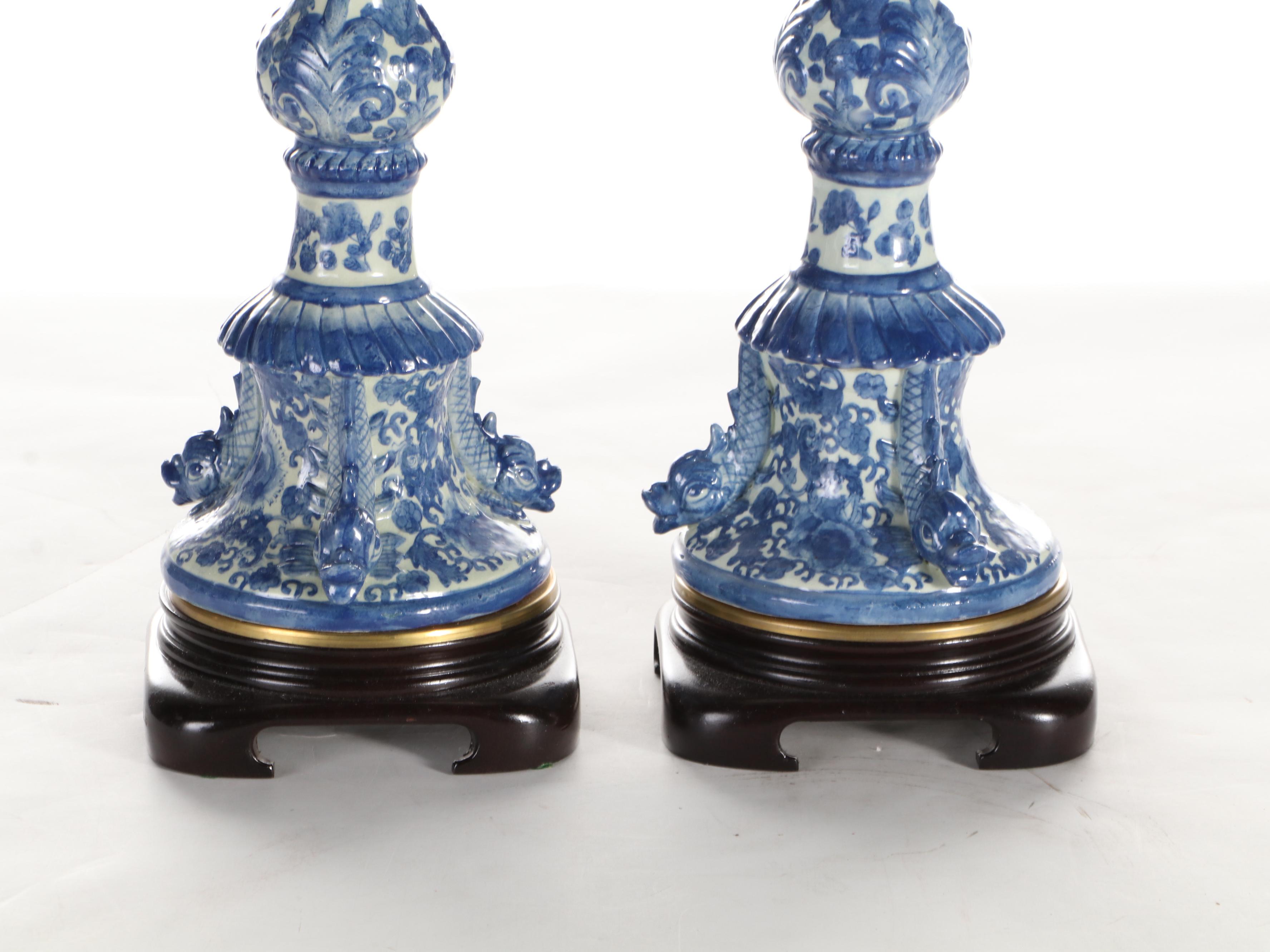 John Richard Lighting Blue and White Porcelain Dolphin Candlestick Table Lamps