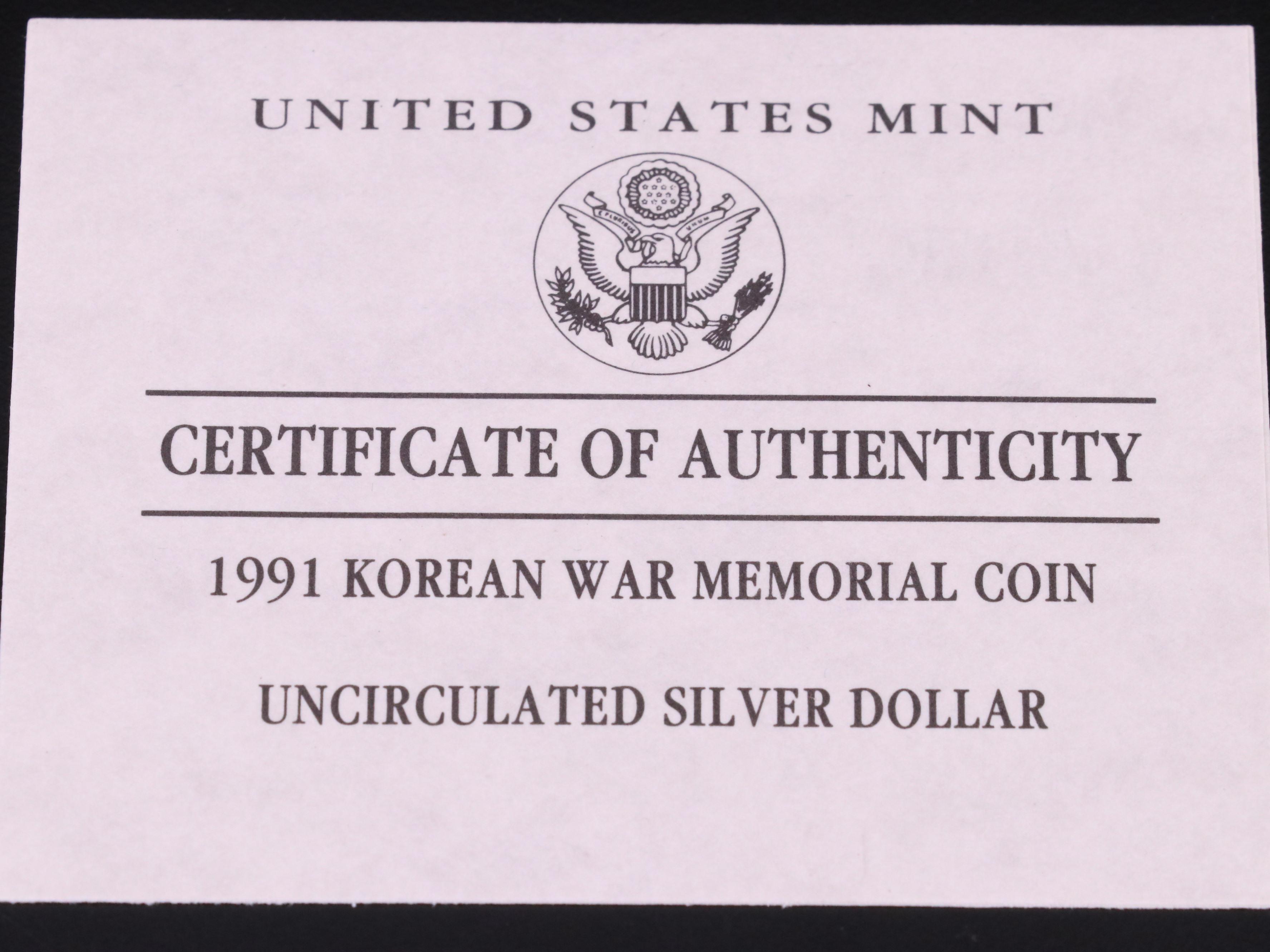 1991 Uncirculated and Proof Commemorative Korean War Memorial Silver Dollars