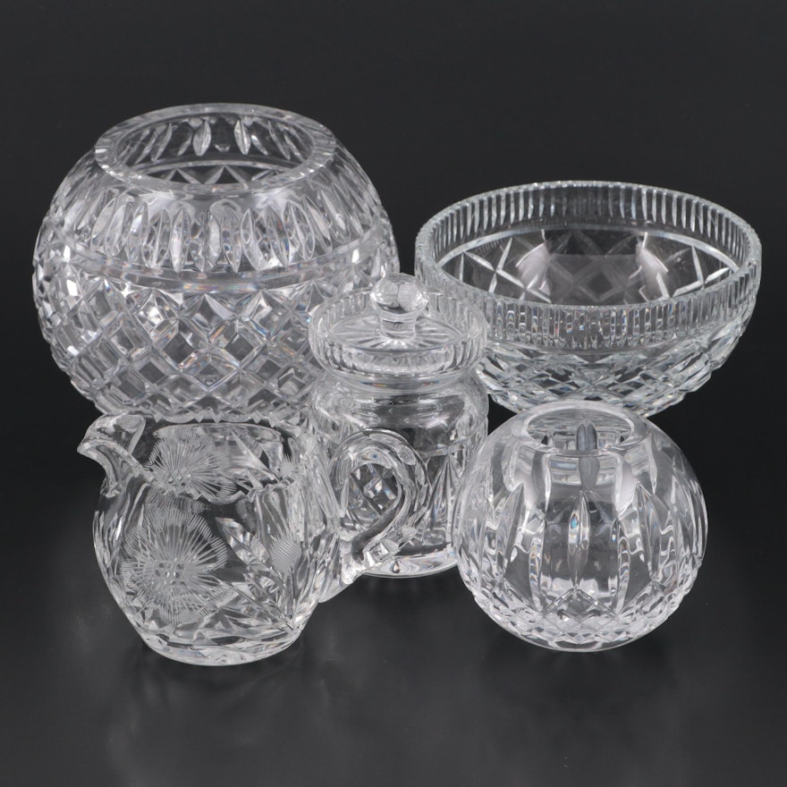 Cut Crystal Vases, Footed Bowl, Jar and Pitcher Including Waterford