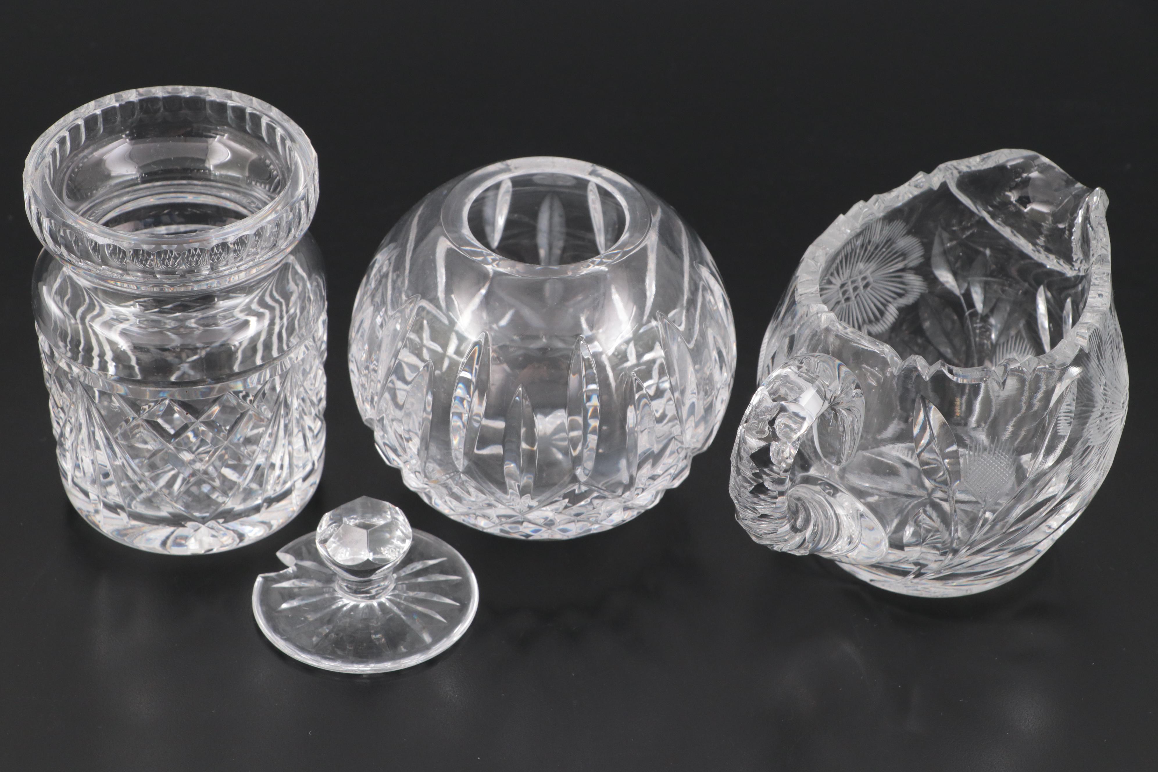 Cut Crystal Vases, Footed Bowl, Jar and Pitcher Including Waterford