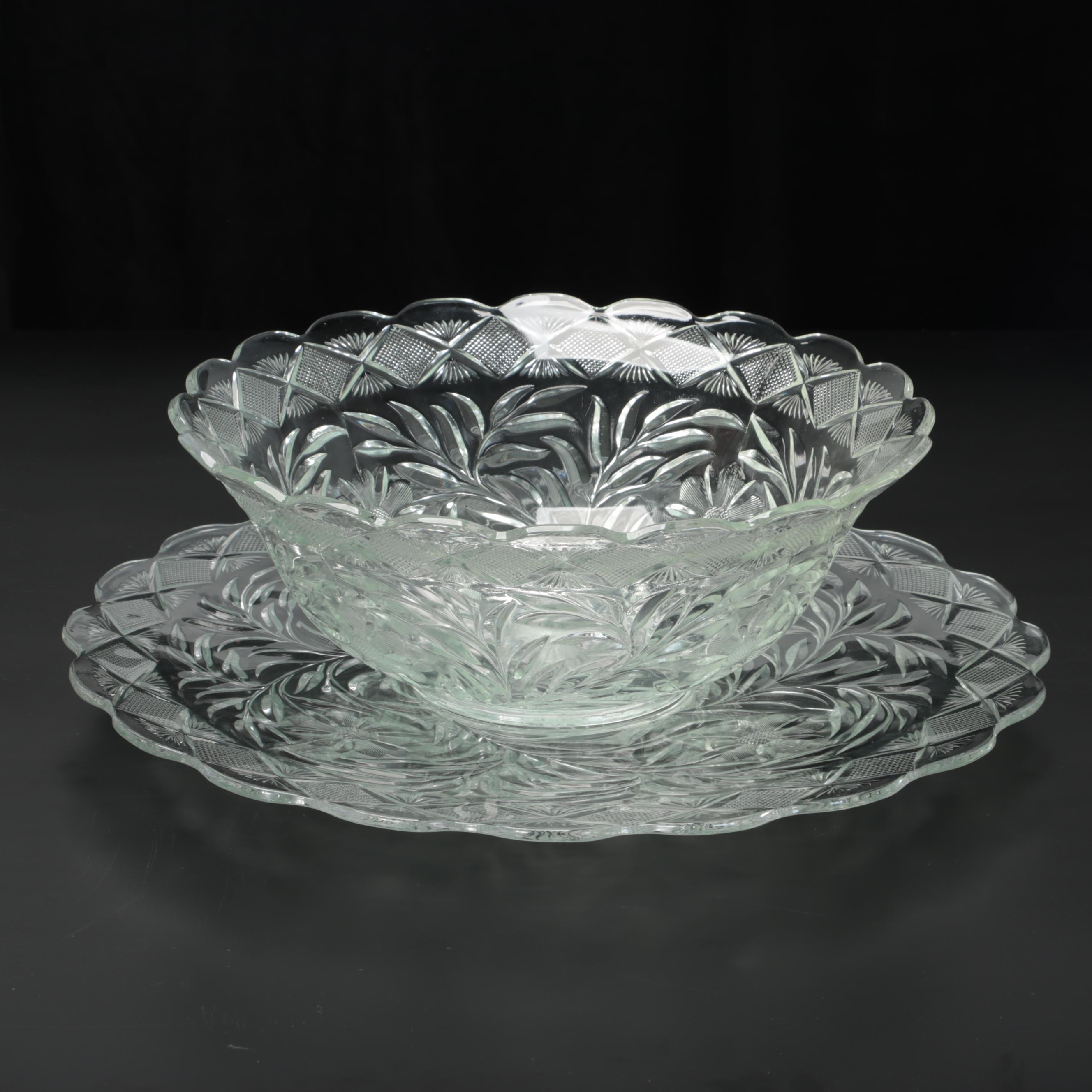 Pressed Glass Punch Bowl With Tray