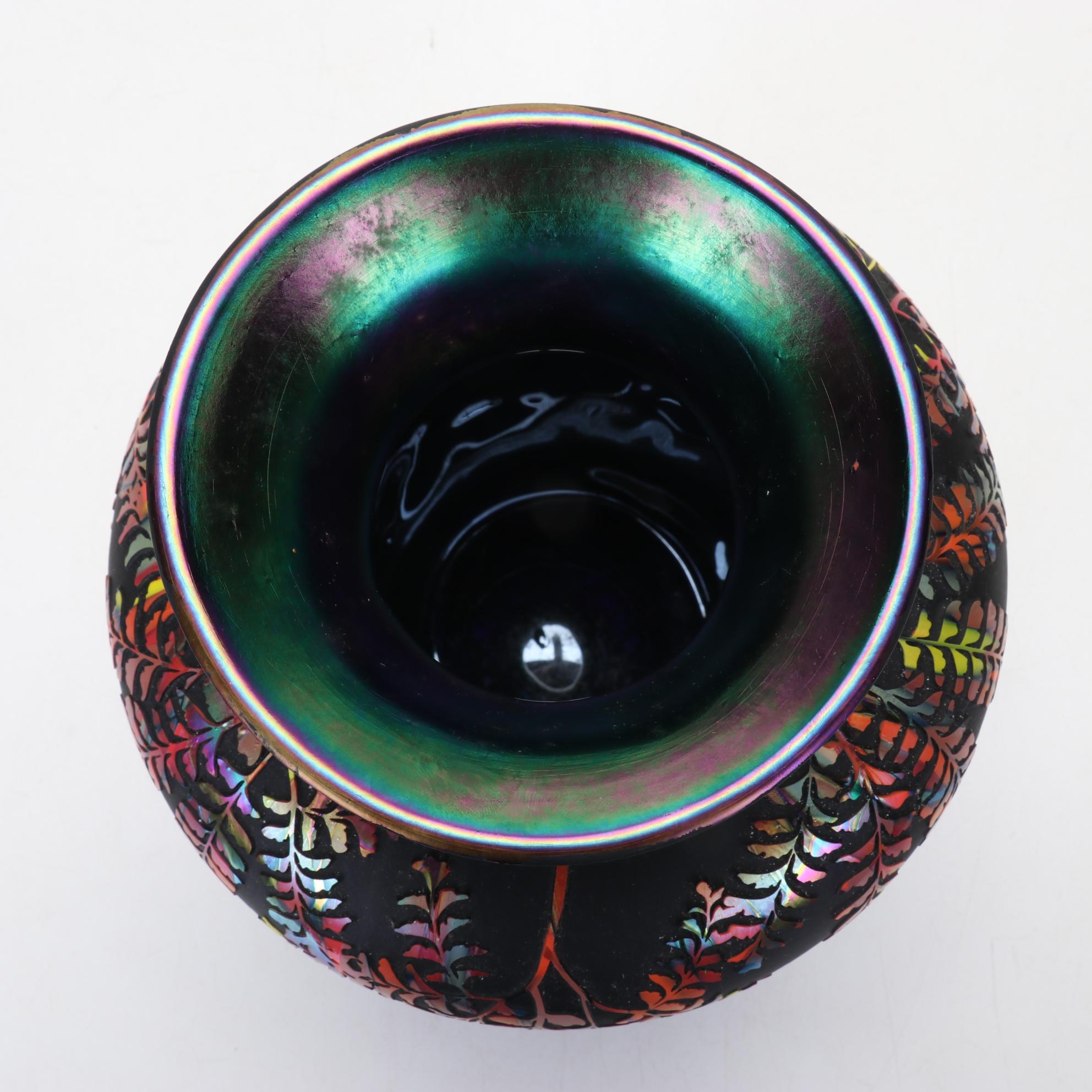 Fenton "Maiden Fern" Sand Carved Black Satin and Mosaic Glass Vase