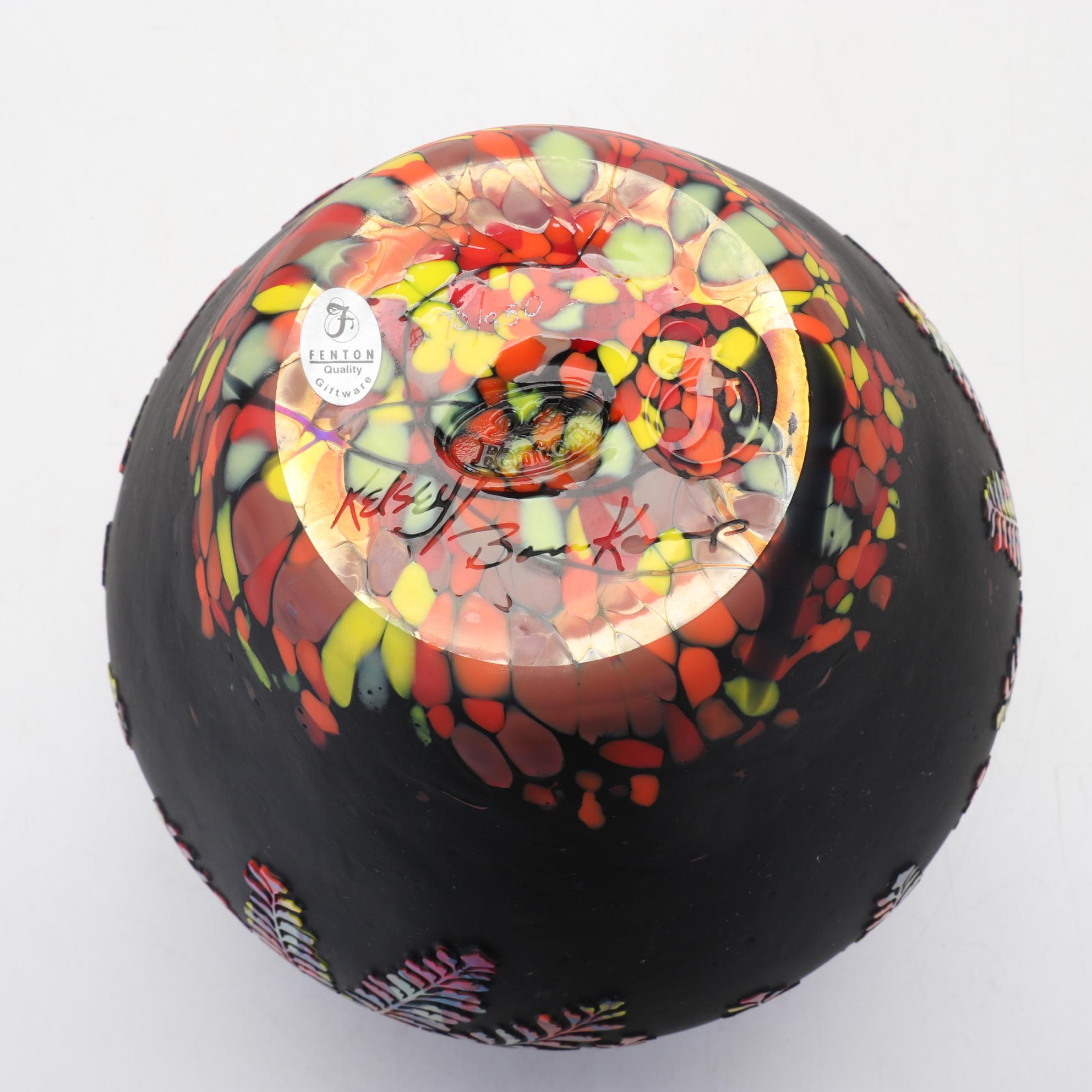 Fenton "Maiden Fern" Sand Carved Black Satin and Mosaic Glass Vase