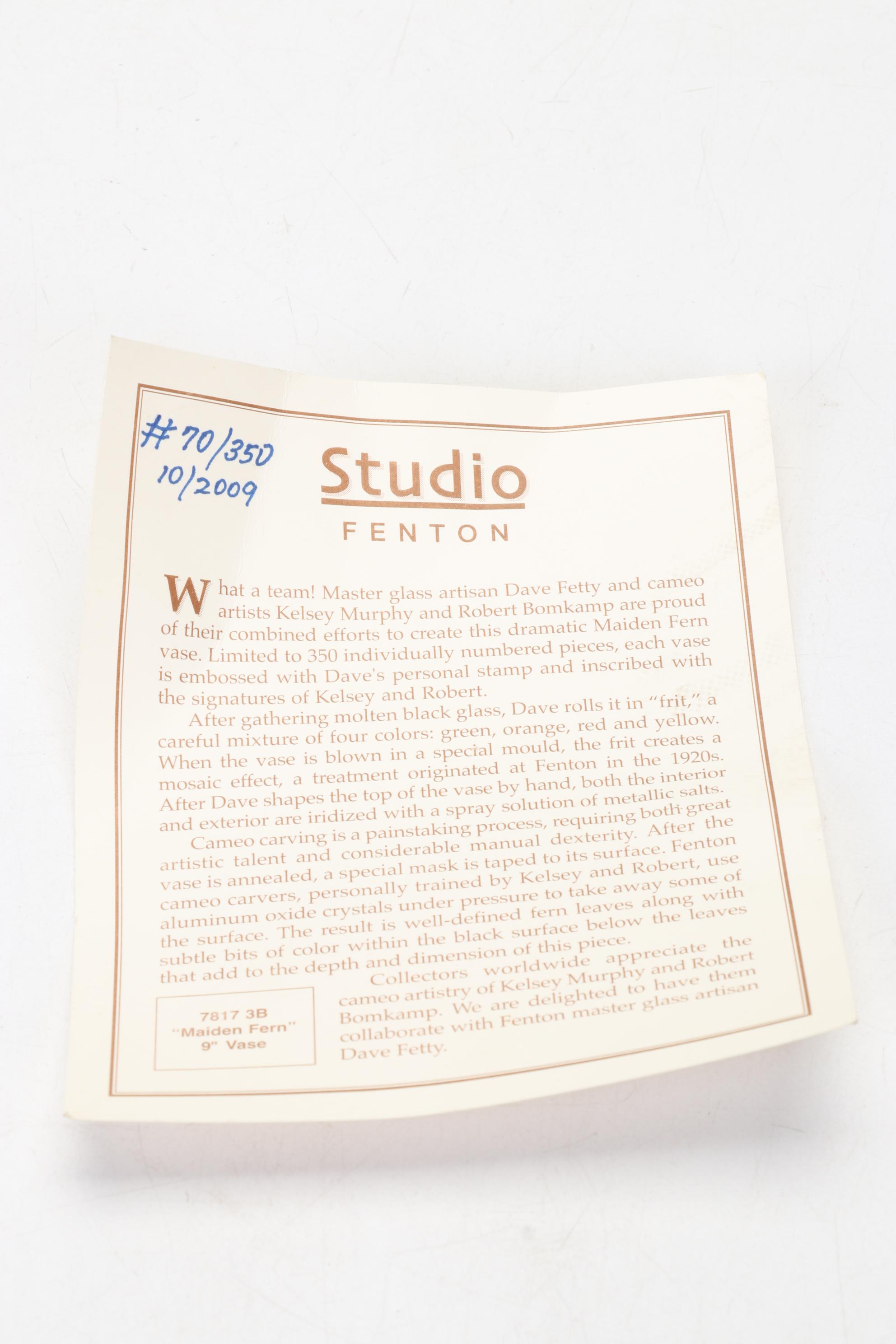 Fenton "Maiden Fern" Sand Carved Black Satin and Mosaic Glass Vase