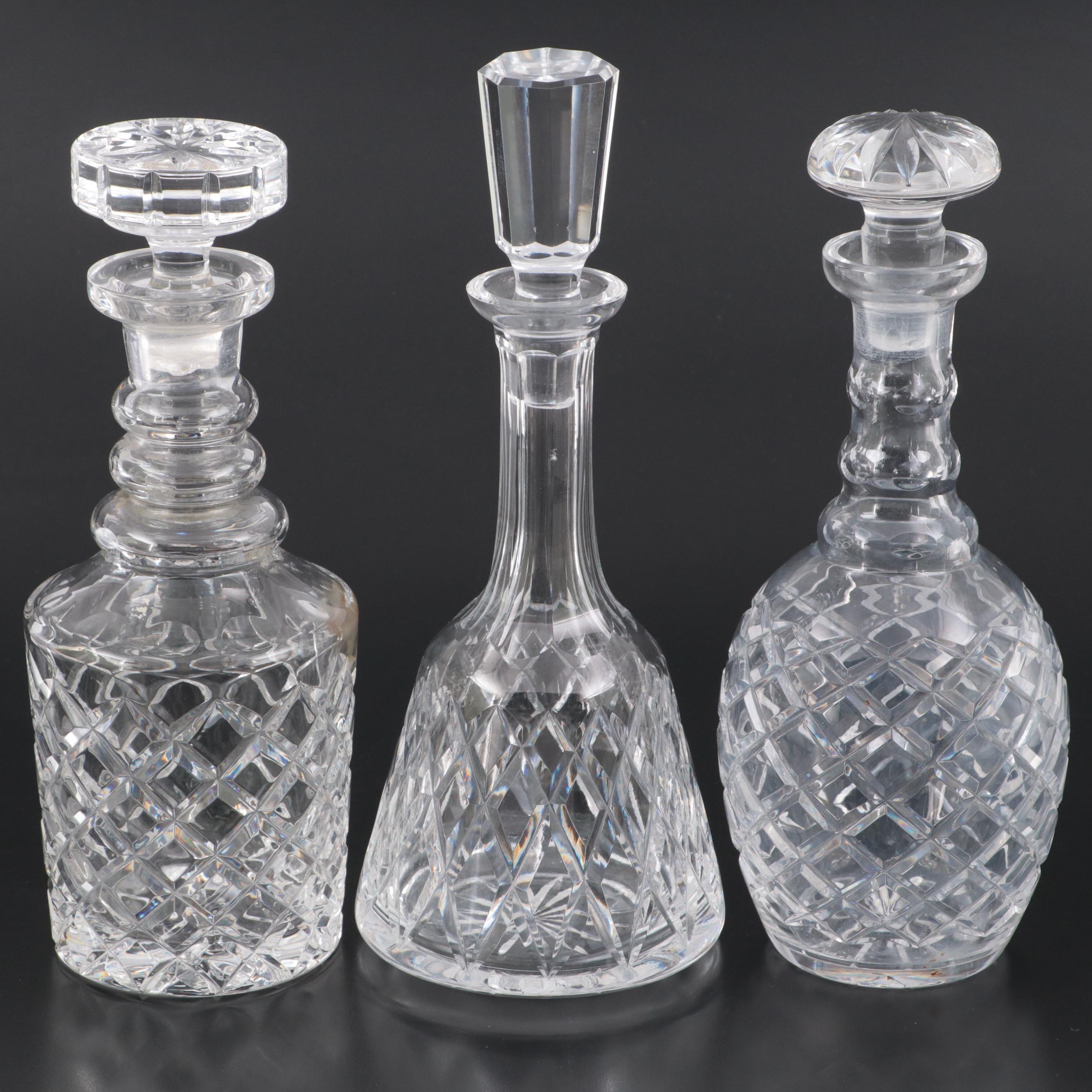 Gin, Bourbon and Scotch Cut Glass Decanters With Stieff Pewter Tags