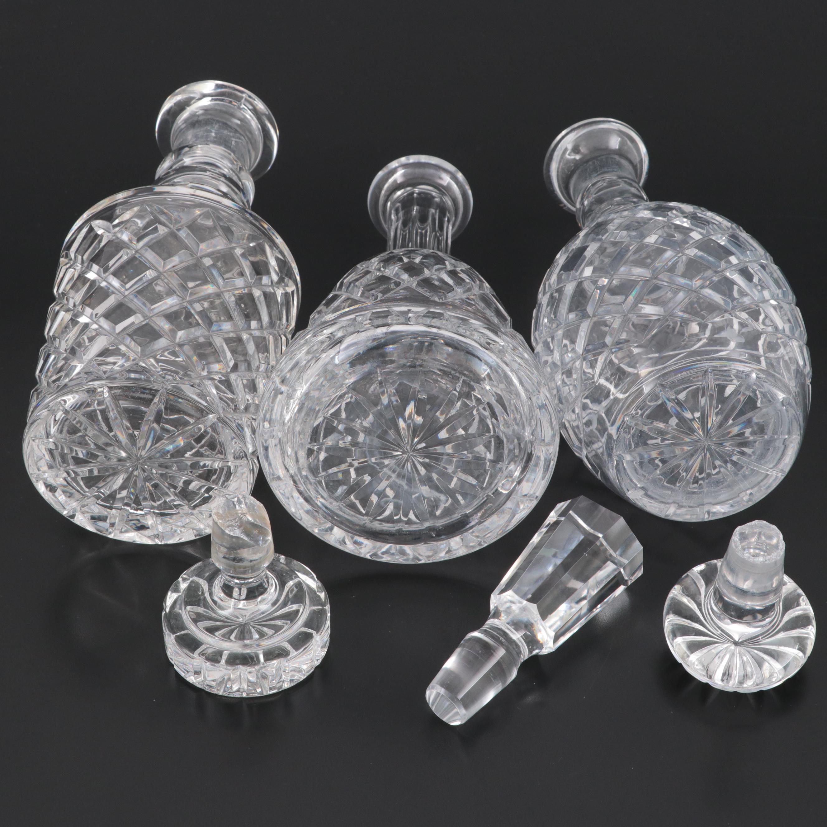 Gin, Bourbon and Scotch Cut Glass Decanters With Stieff Pewter Tags