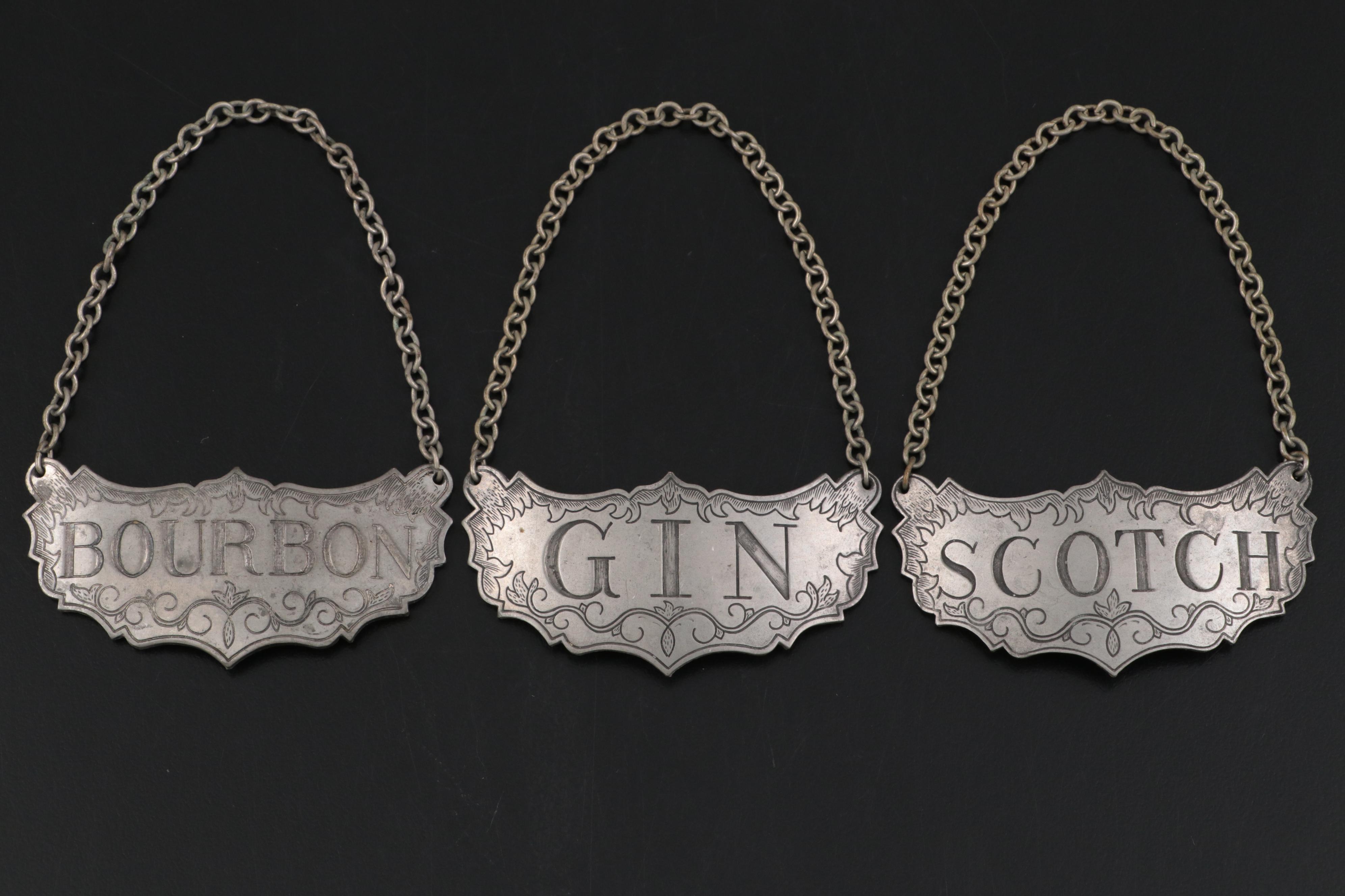Gin, Bourbon and Scotch Cut Glass Decanters With Stieff Pewter Tags