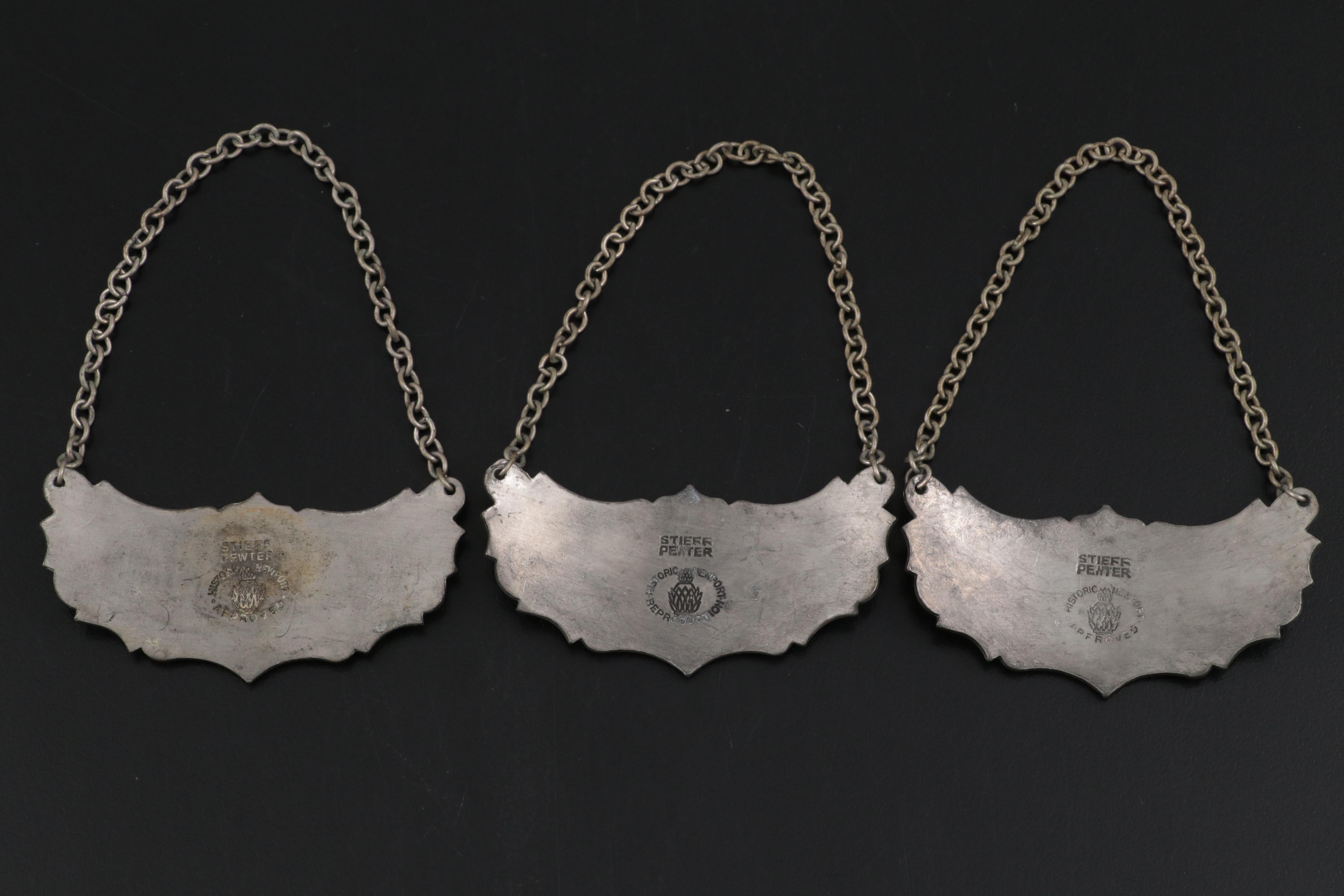 Gin, Bourbon and Scotch Cut Glass Decanters With Stieff Pewter Tags