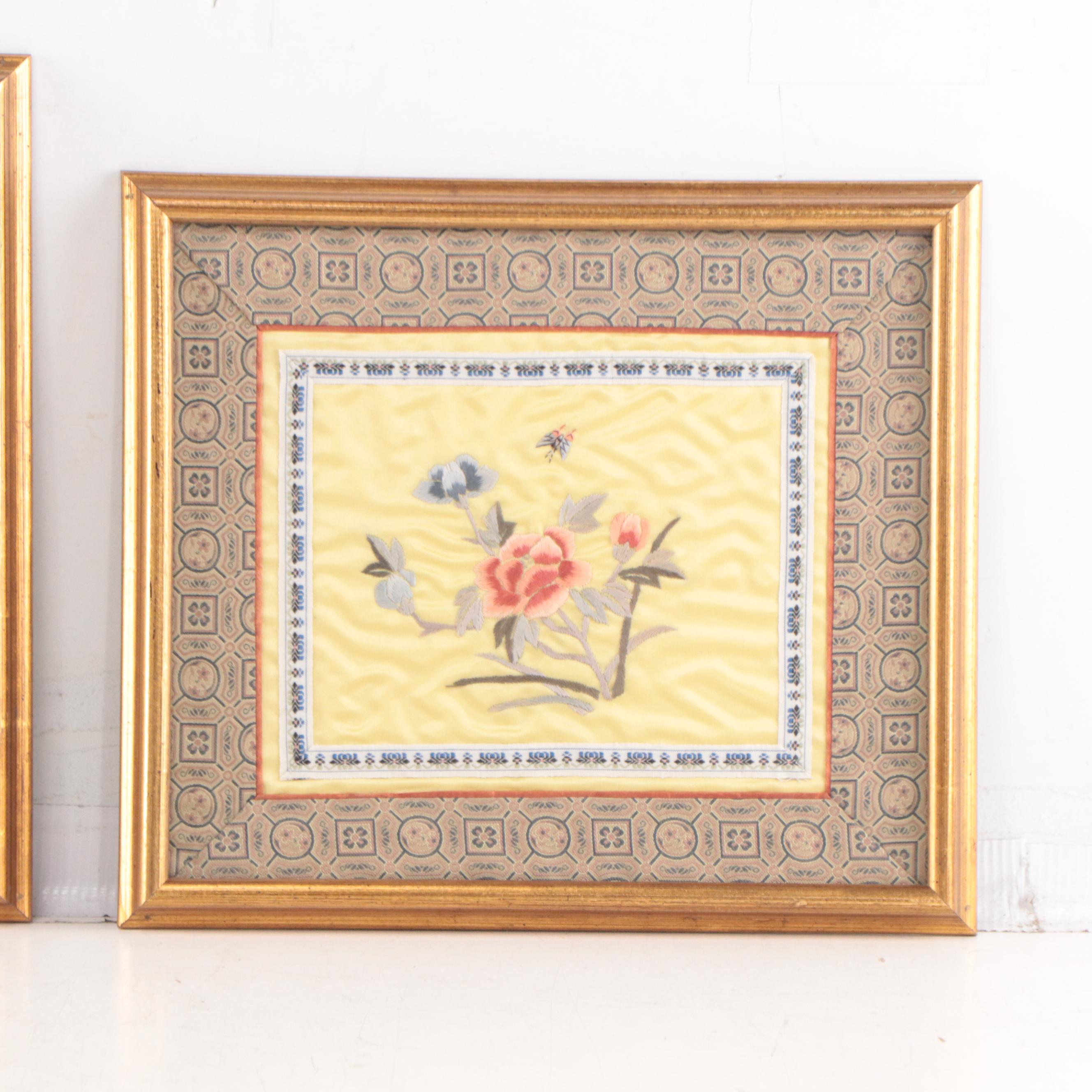 Chinese Silk Embroidery Panels of Flowers and Butterflies