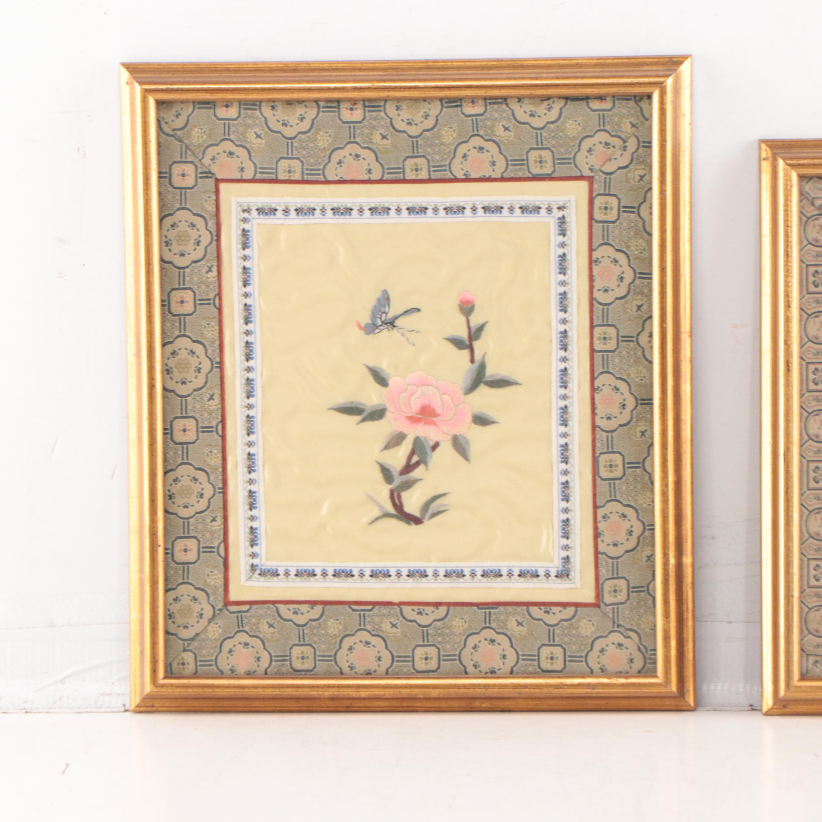 Chinese Silk Embroidery Panels of Flowers and Butterflies