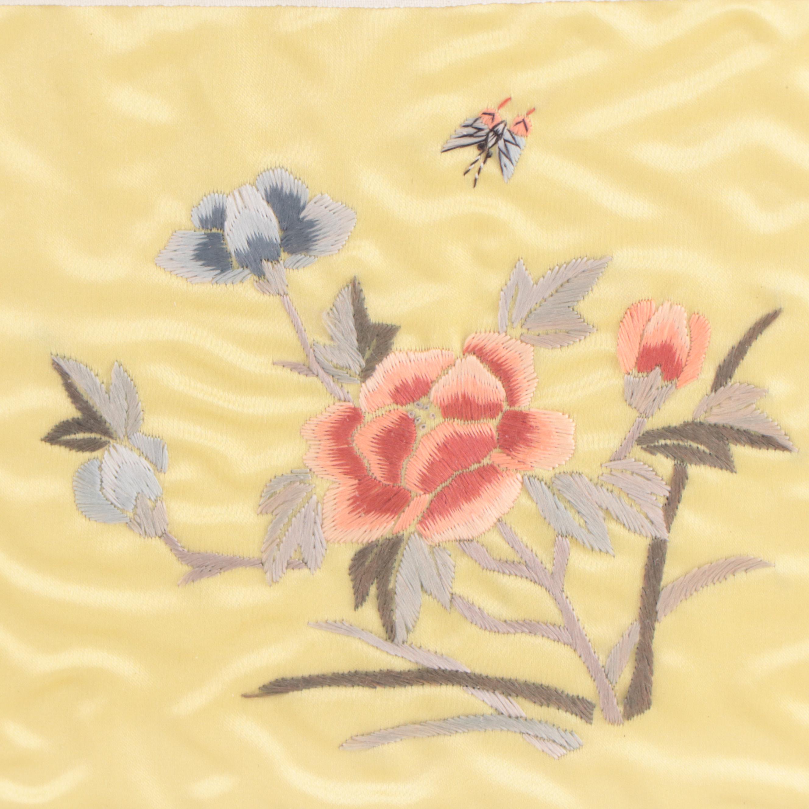 Chinese Silk Embroidery Panels of Flowers and Butterflies