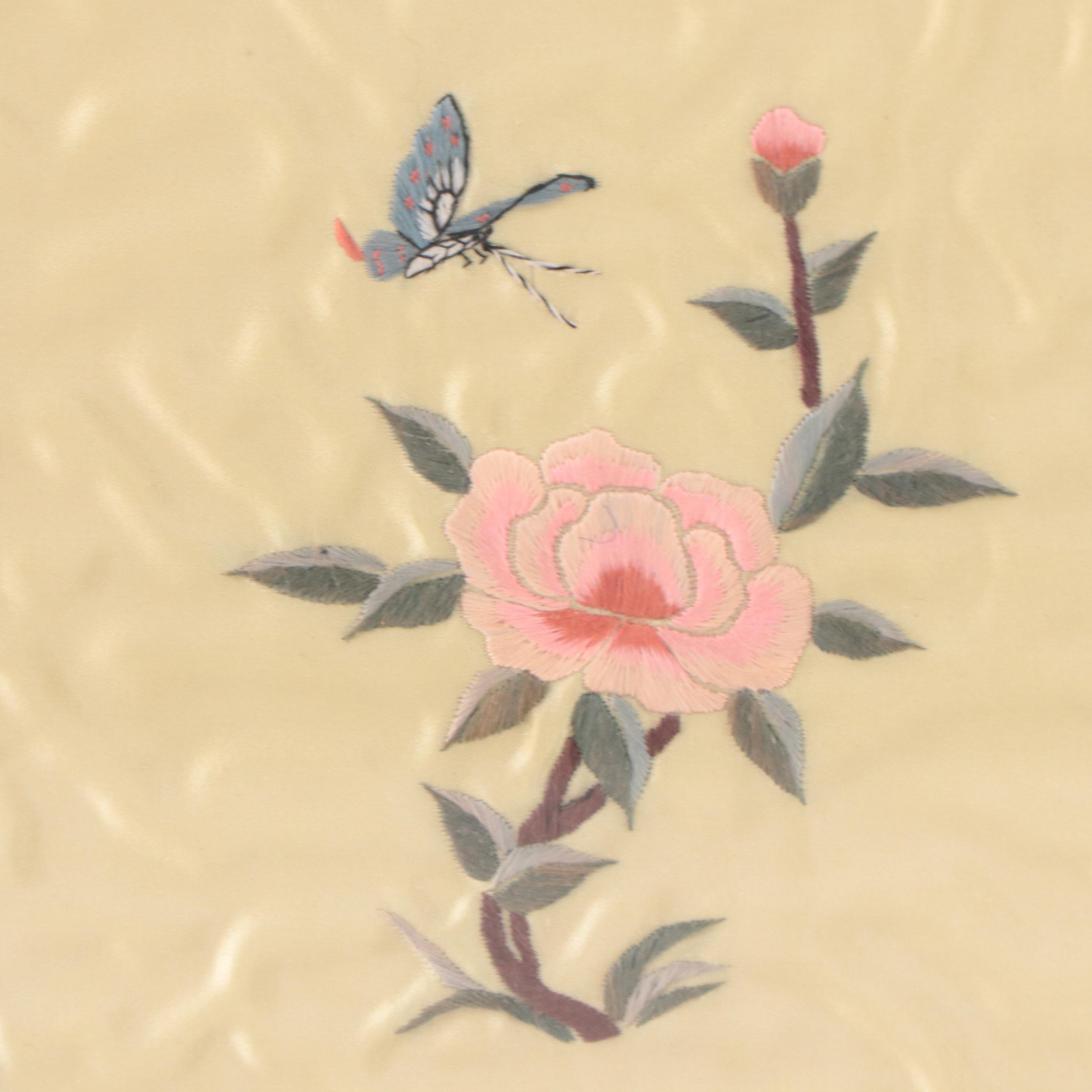 Chinese Silk Embroidery Panels of Flowers and Butterflies