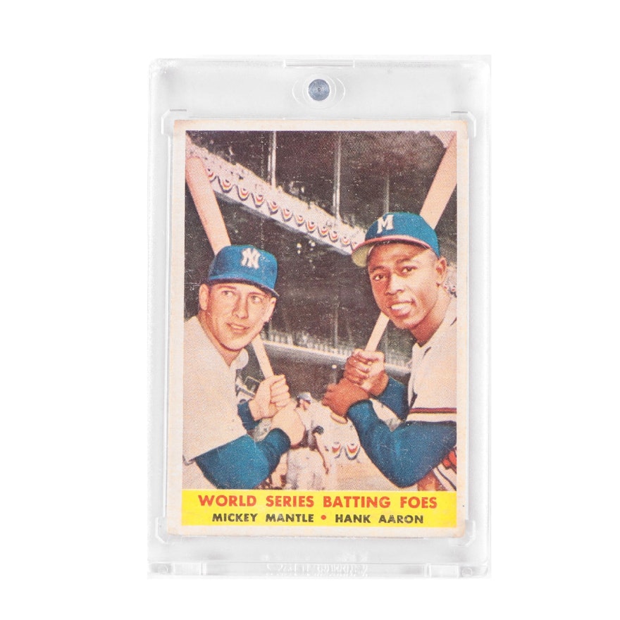 1958 Topps Mickey Mantle and Hank Aaron World Series Batting Foes Card #418