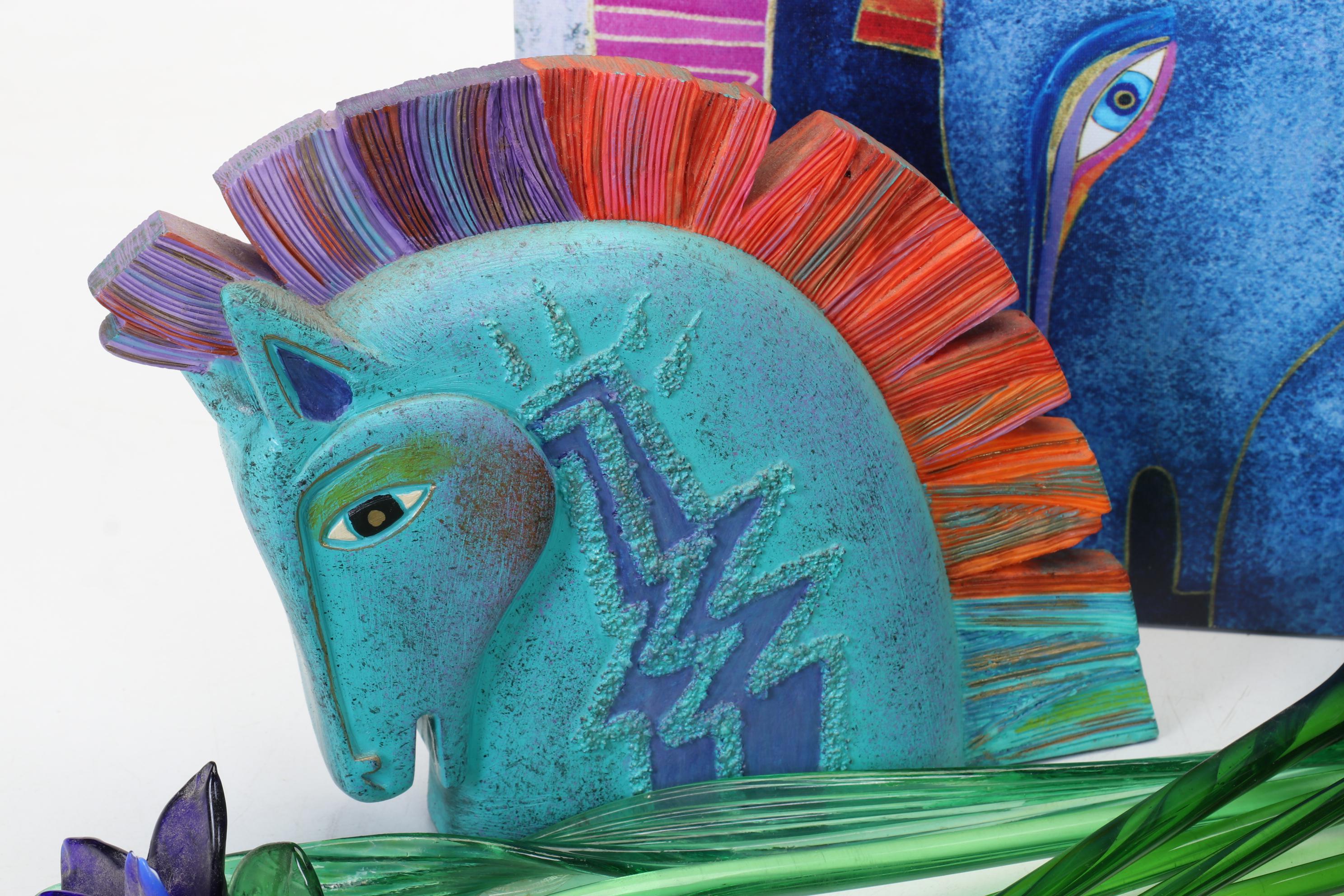 Laurel Burch Horse Figure with Print and Art Glass Floral Swizzle Sticks